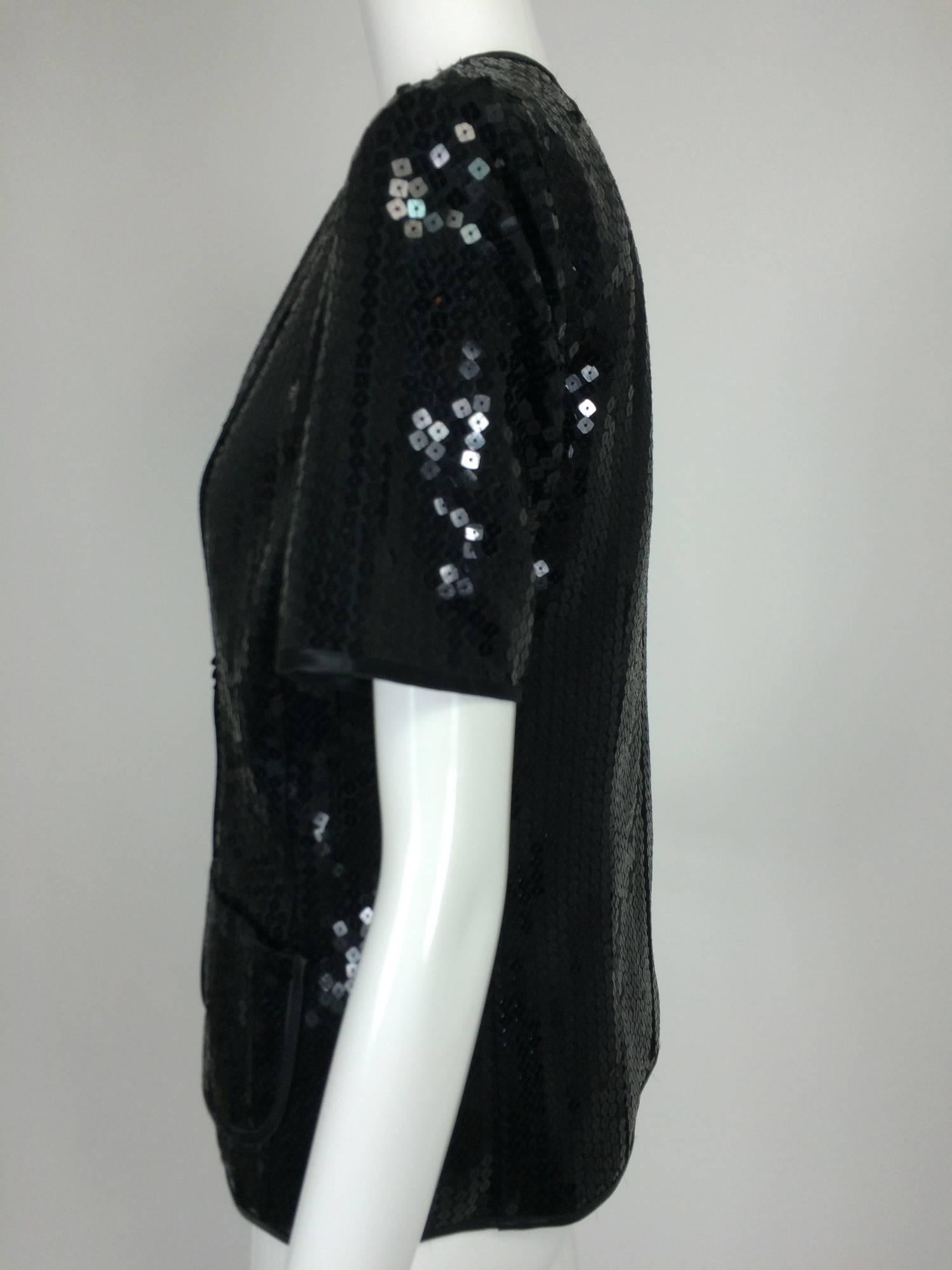 Yves St Laurent black sequin short sleeve evening jacket 1980s In Excellent Condition In West Palm Beach, FL