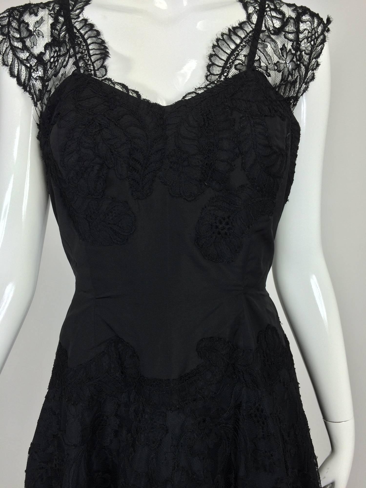 1950s handmade black silk taffeta & lace evening gown 1950s...This dress is from one of the last great old Palm Beach Florida estates, back when live in dressmakers were the rule of thumb!!! Handmade of black silk taffeta with black lace appliques