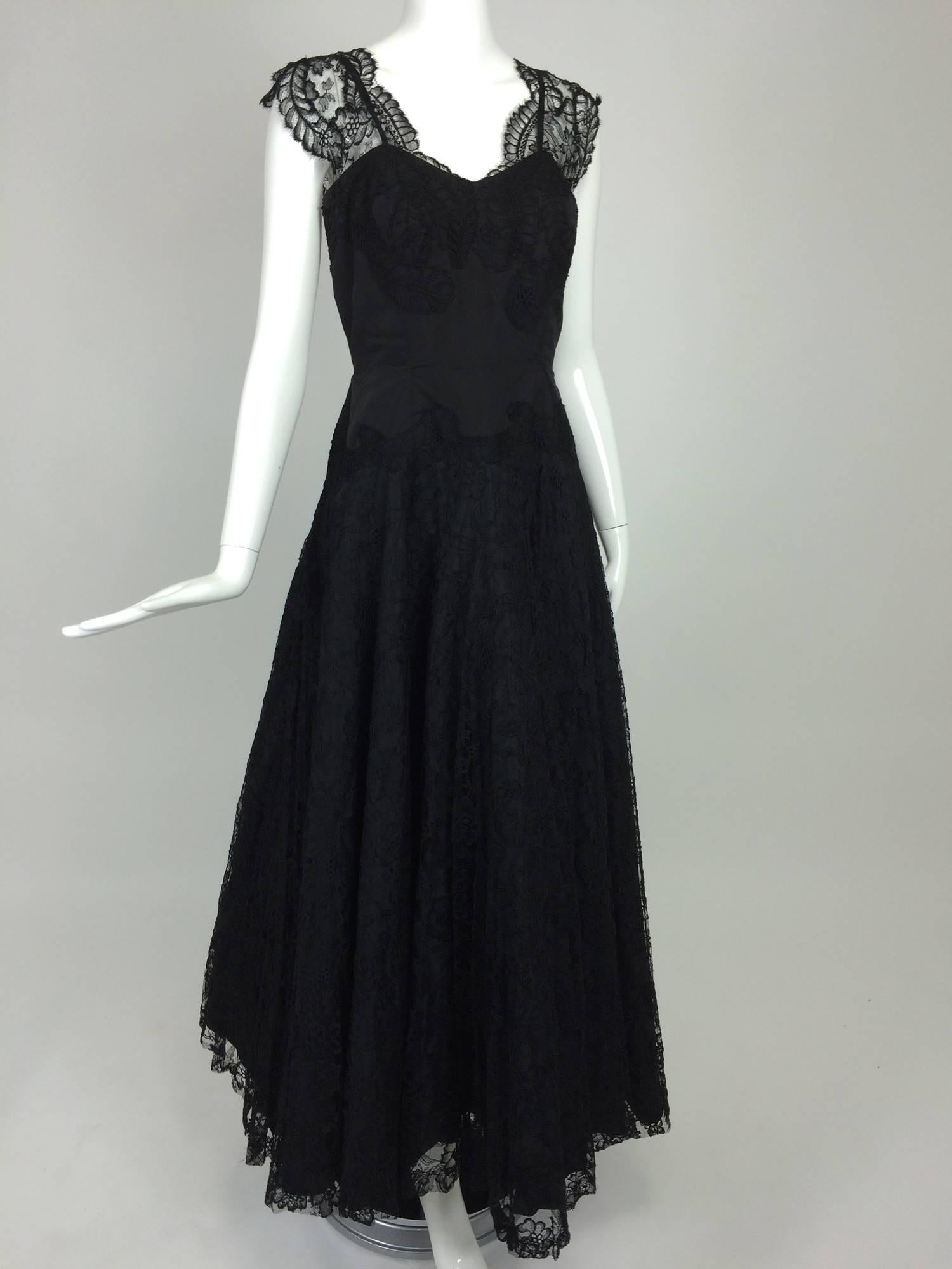 1950s Palm Beach Estate handmade black silk taffeta & lace evening gown  2