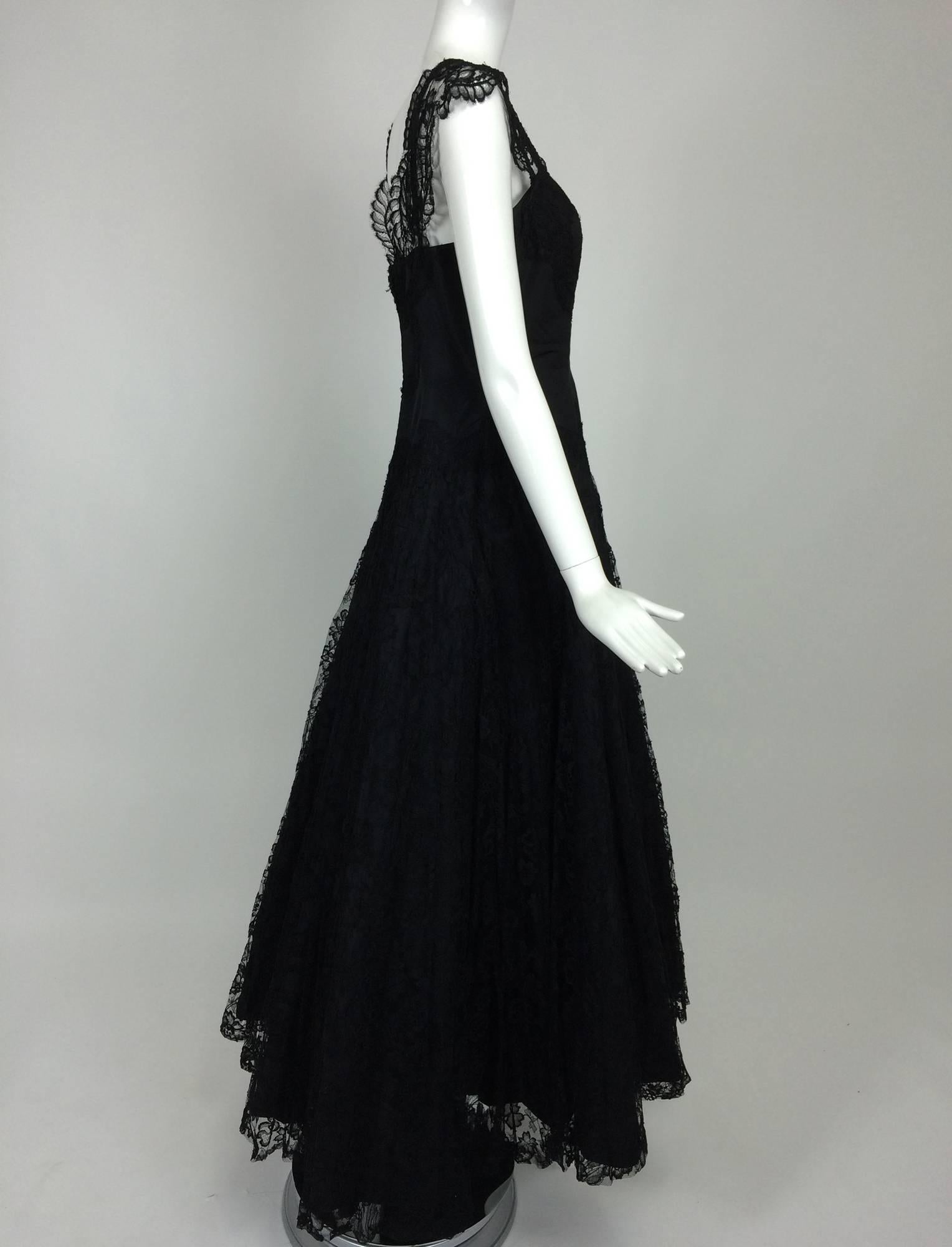 Women's 1950s Palm Beach Estate handmade black silk taffeta & lace evening gown 