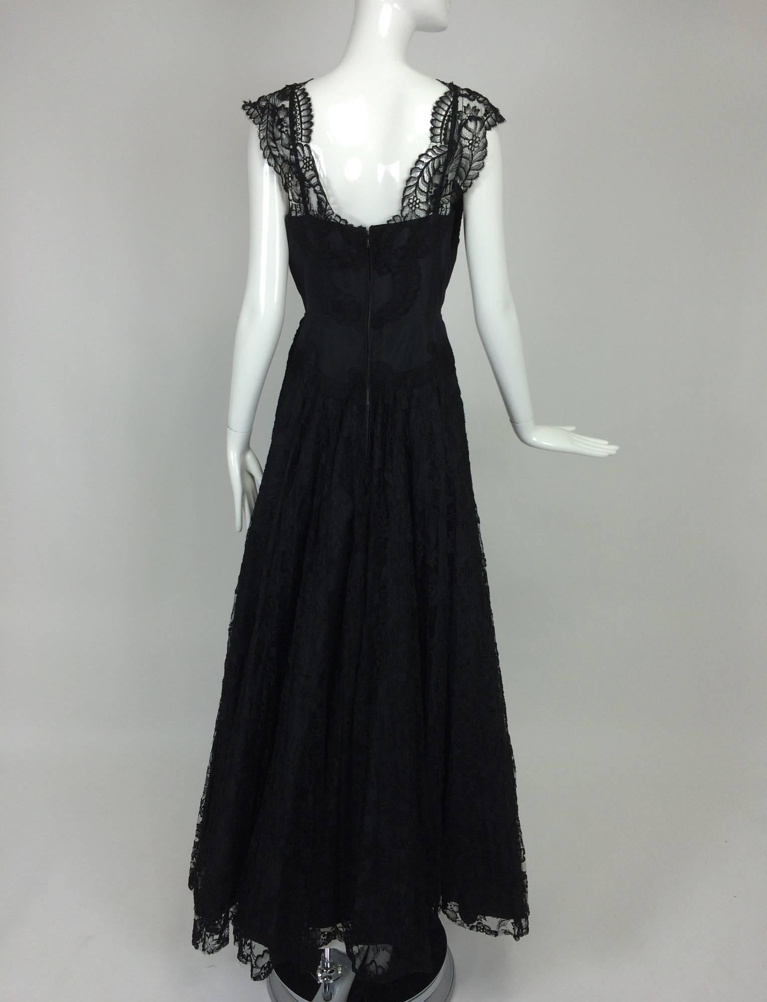 Black 1950s Palm Beach Estate handmade black silk taffeta & lace evening gown 