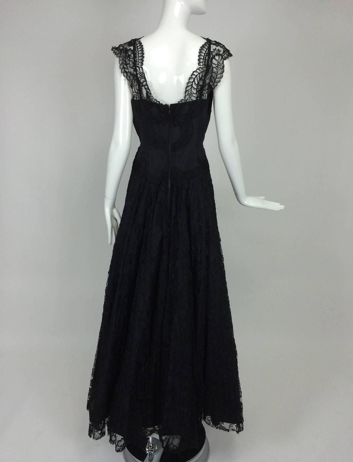 1950s Palm Beach Estate handmade black silk taffeta and lace evening ...