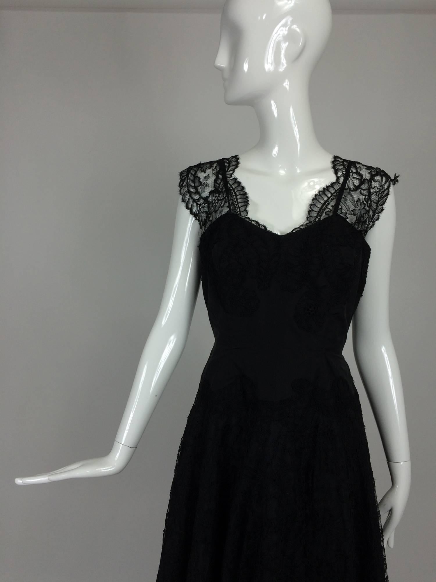 1950s Palm Beach Estate handmade black silk taffeta & lace evening gown  1
