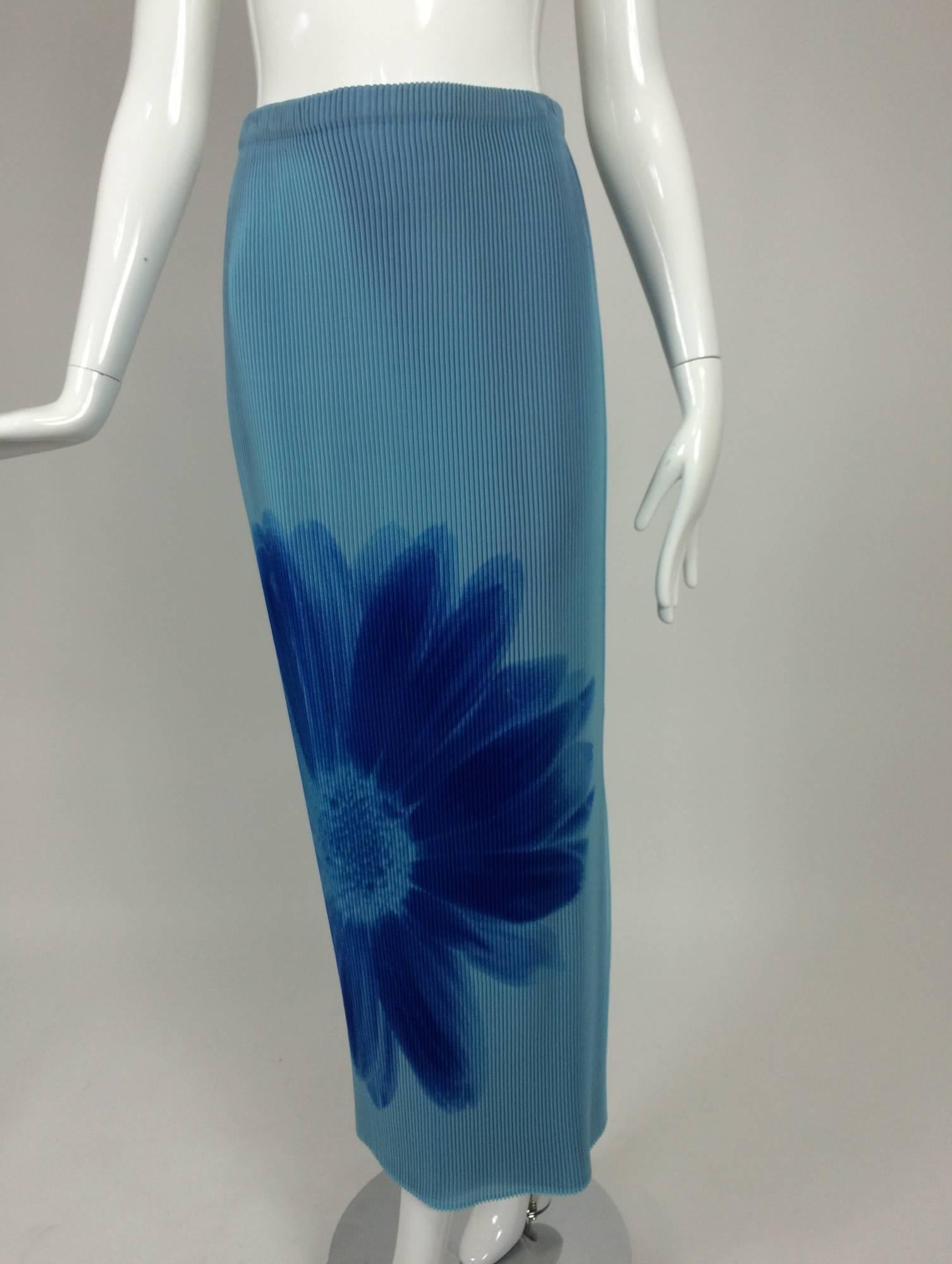 Issey Miyake layered blue pleated maxi skirt with daises 4