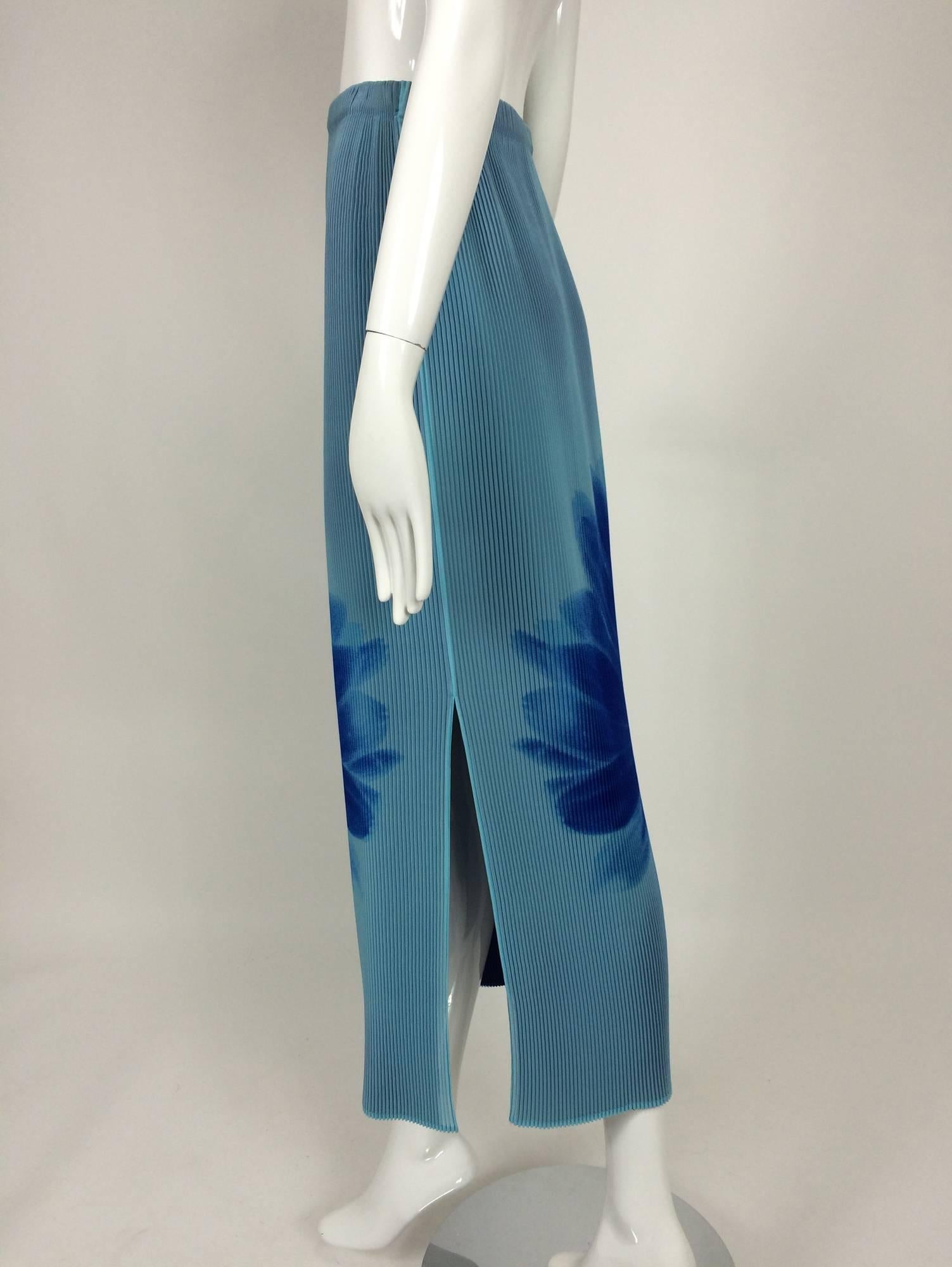 Issey Miyake layered blue pleated maxi skirt with daises 2