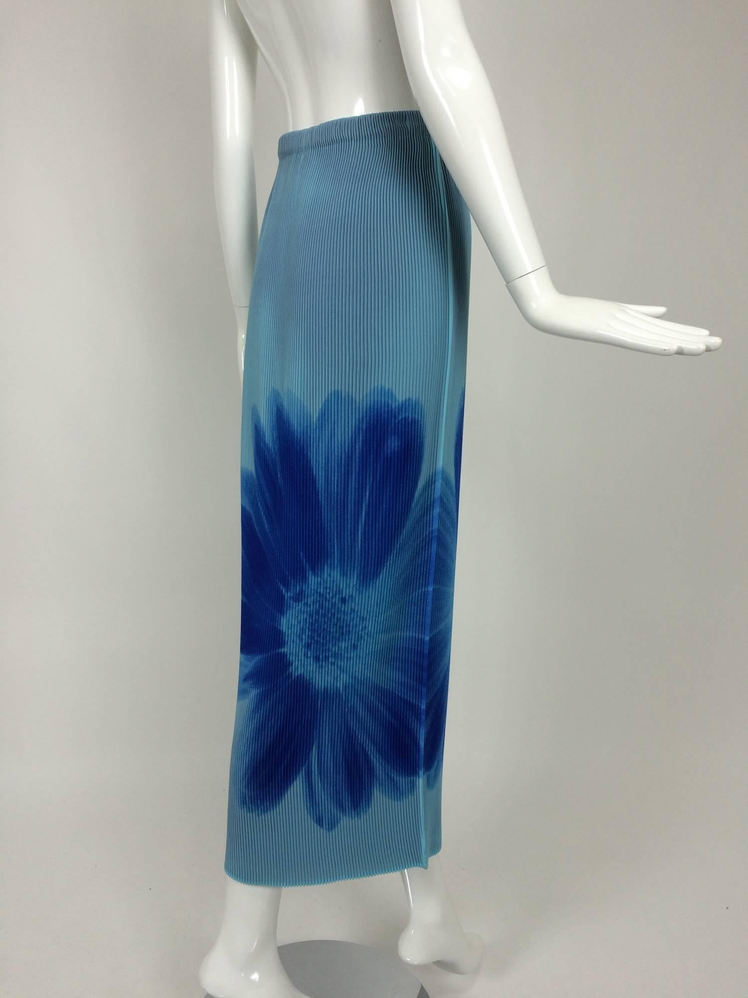 Blue Issey Miyake layered blue pleated maxi skirt with daises