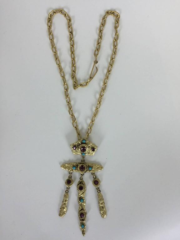 Collier Vintage Henri Perrichon Années 50/60 - Pendentif Turquoise Baroque Sur Alliage - Bijou De Créateur