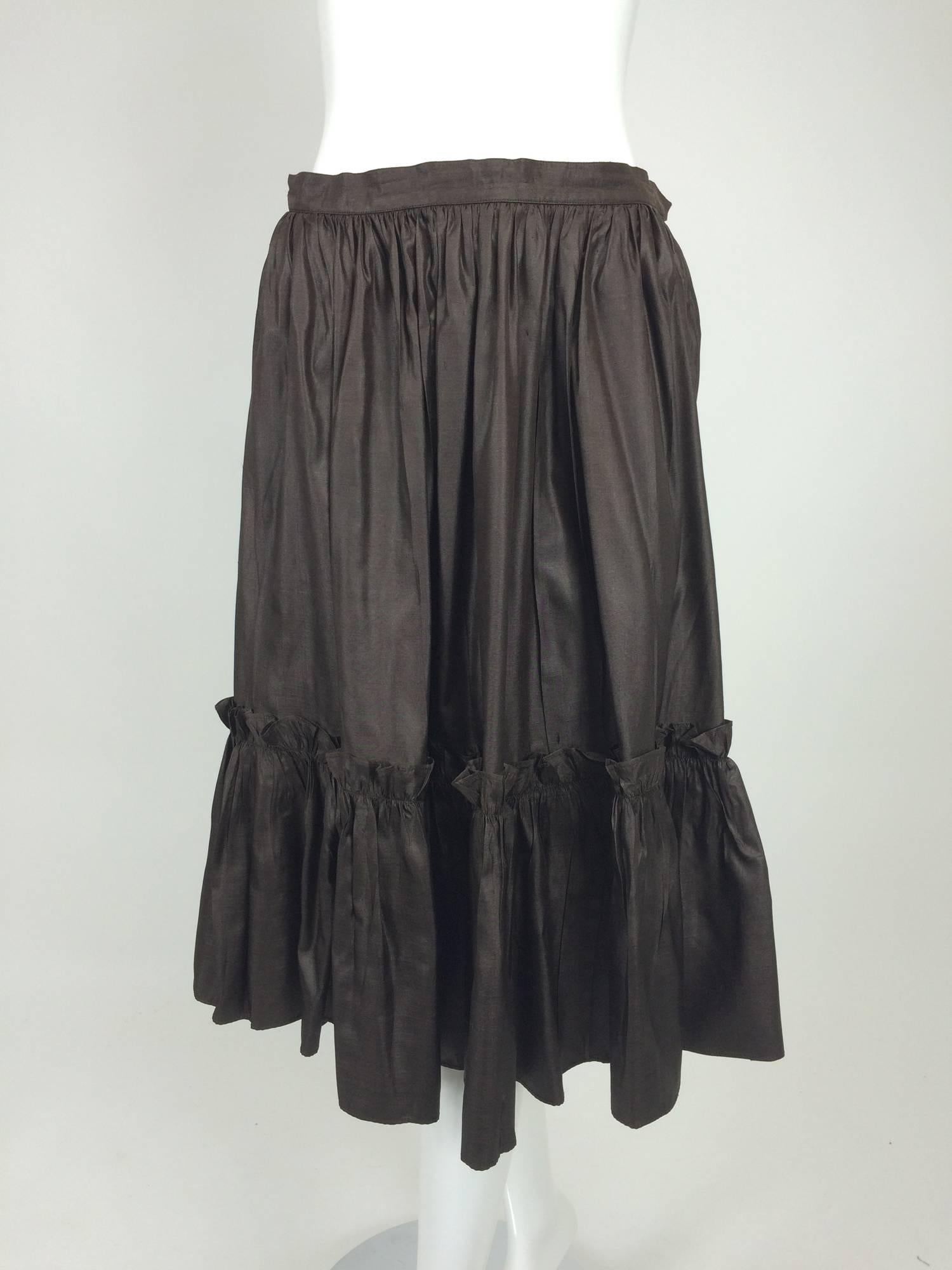 Women's or Men's Yves St Laurent Rive gauche Chocolate Brown silk ruffle hem skirt 1970s