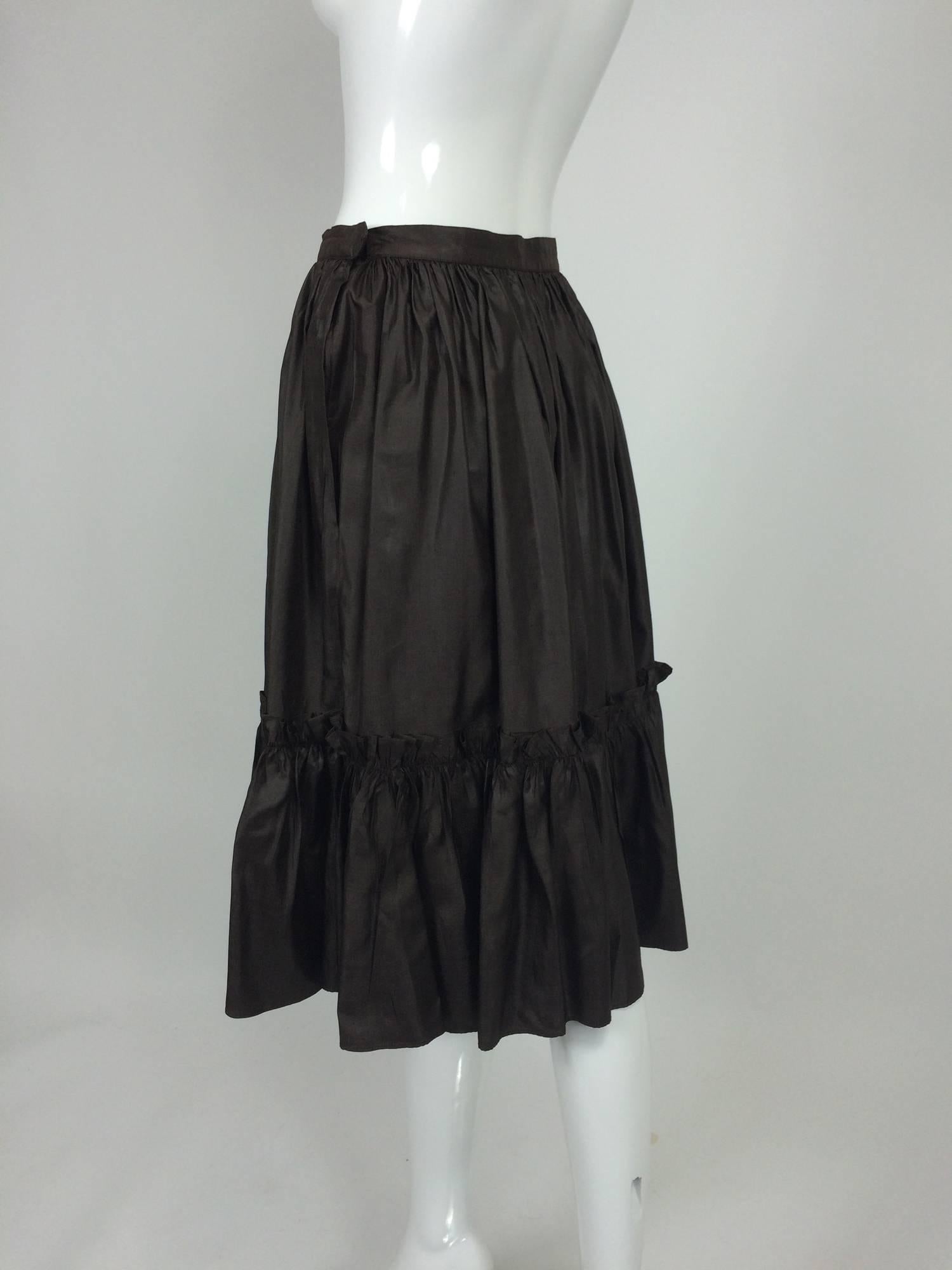 Black Yves St Laurent Rive gauche Chocolate Brown silk ruffle hem skirt 1970s