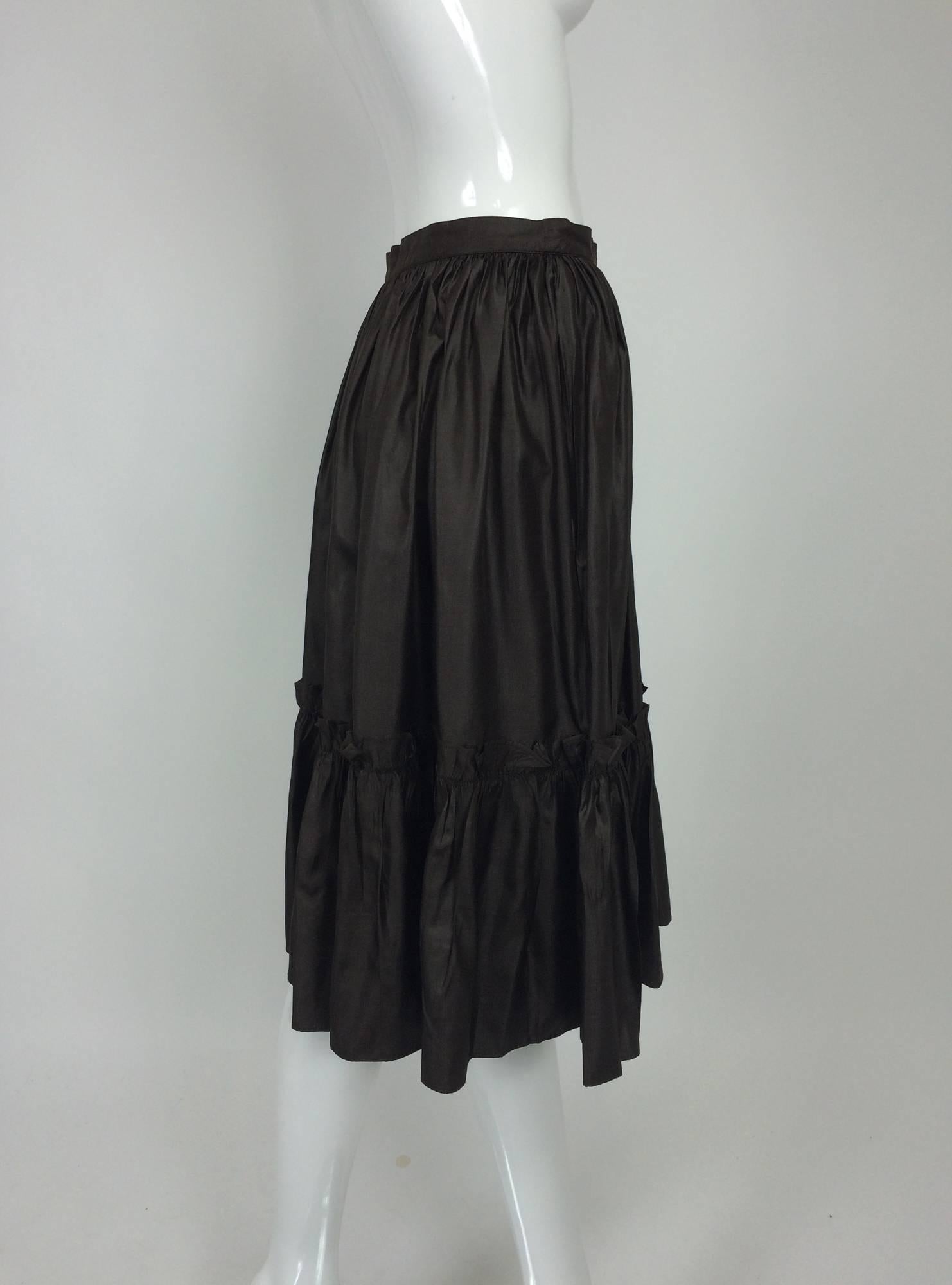 Yves St Laurent Rive gauche Chocolate Brown silk ruffle hem skirt 1970s In Excellent Condition In West Palm Beach, FL