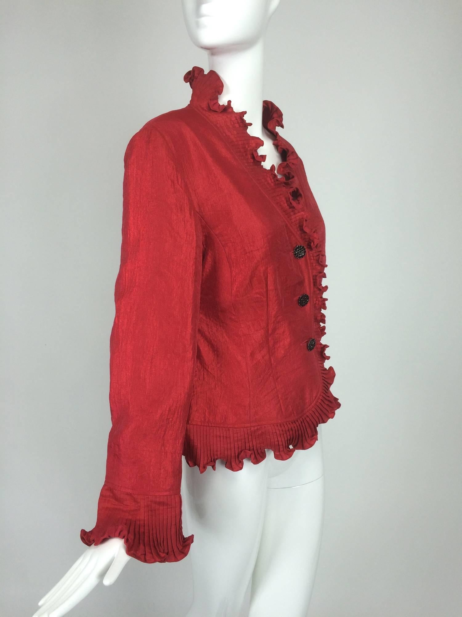 Women's Victor Costa shimmery red evening jacket with pleated ruffle trims 
