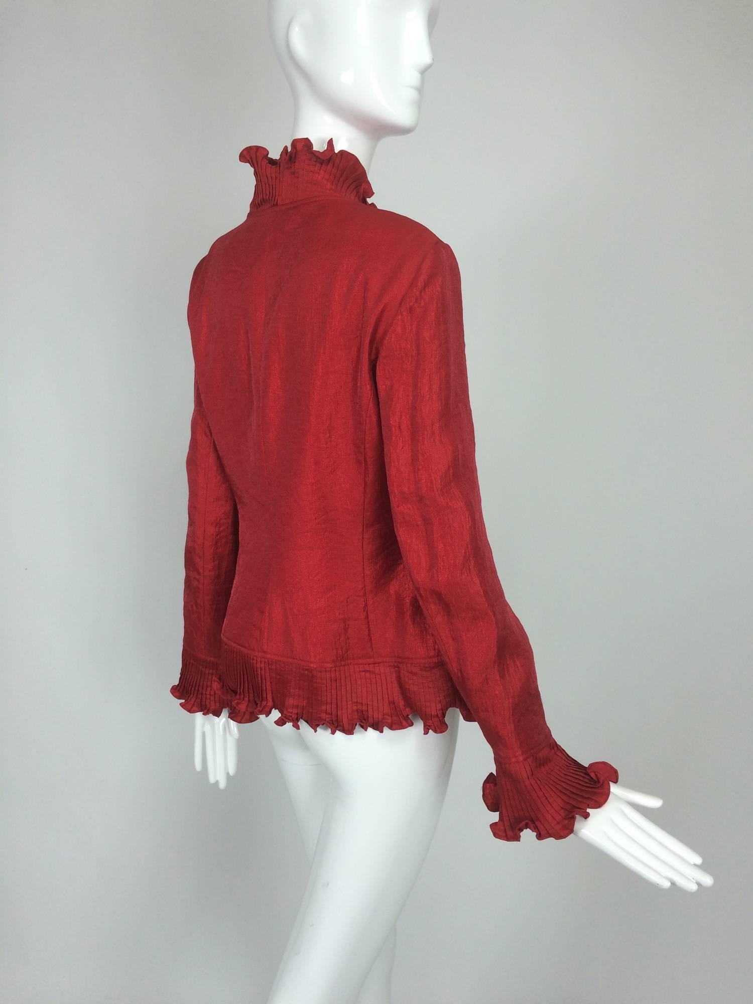 Red Victor Costa shimmery red evening jacket with pleated ruffle trims 