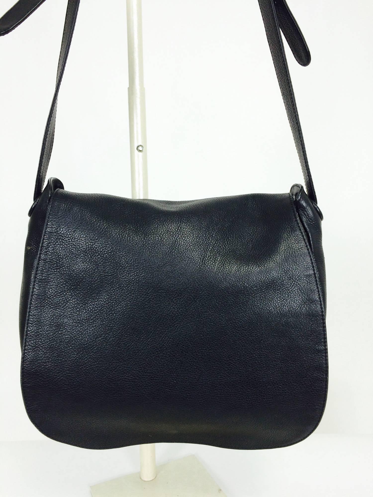 DeVecchi large pebbled black leather flap front corss body/shoulder bag 1990s...From the 1990s when things were less flashy and less logo/hardware-y...A great bag in a beautiful pebble leather...Deep flap front leather lined (hidden magnetic snap