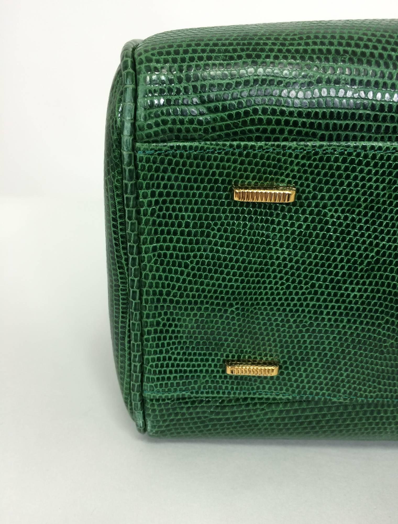 Black Luc Benoit green glazed lizard Kelly style handbag gold hardware 1990s
