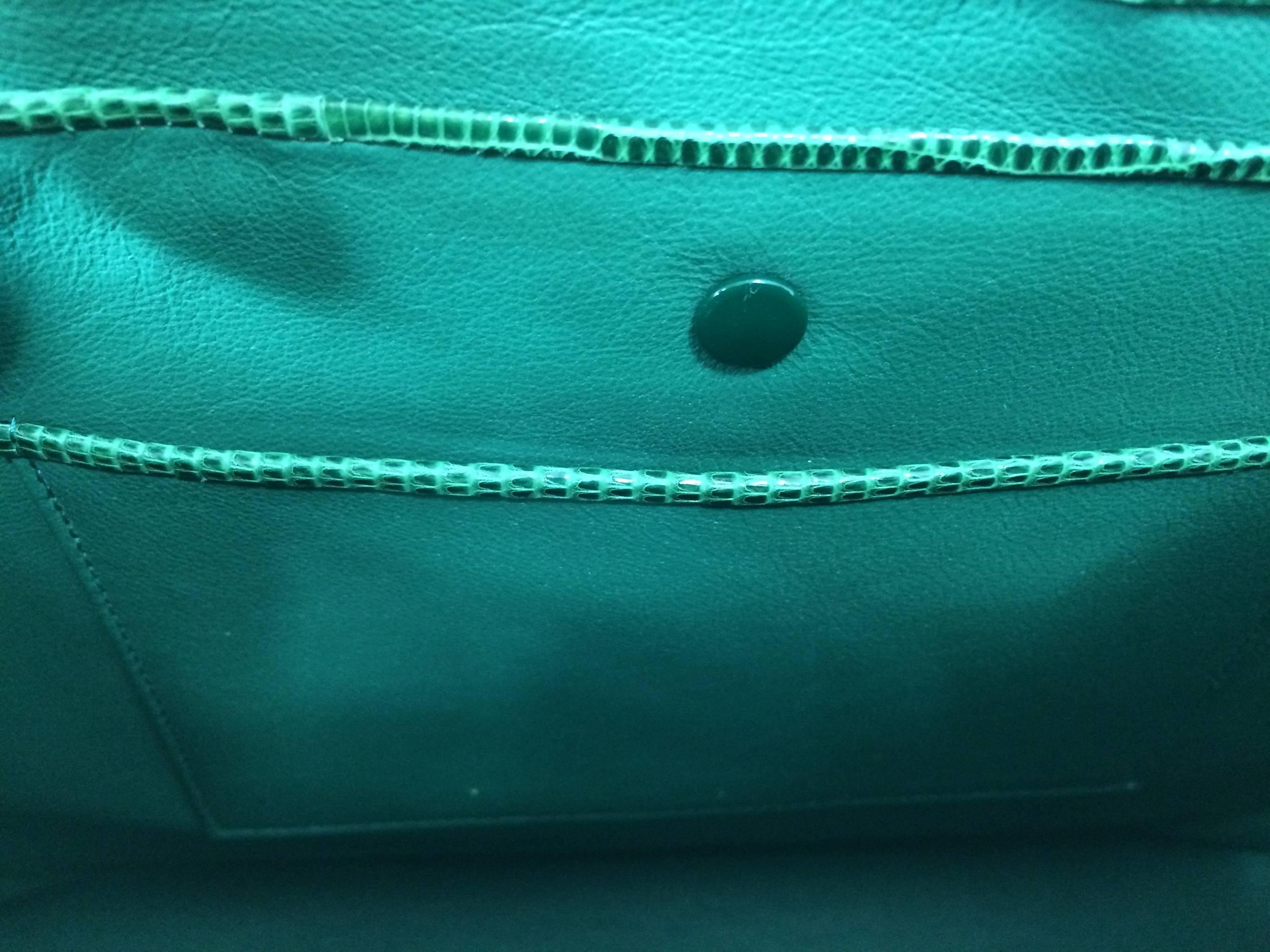 Luc Benoit green glazed lizard Kelly style handbag gold hardware 1990s 2