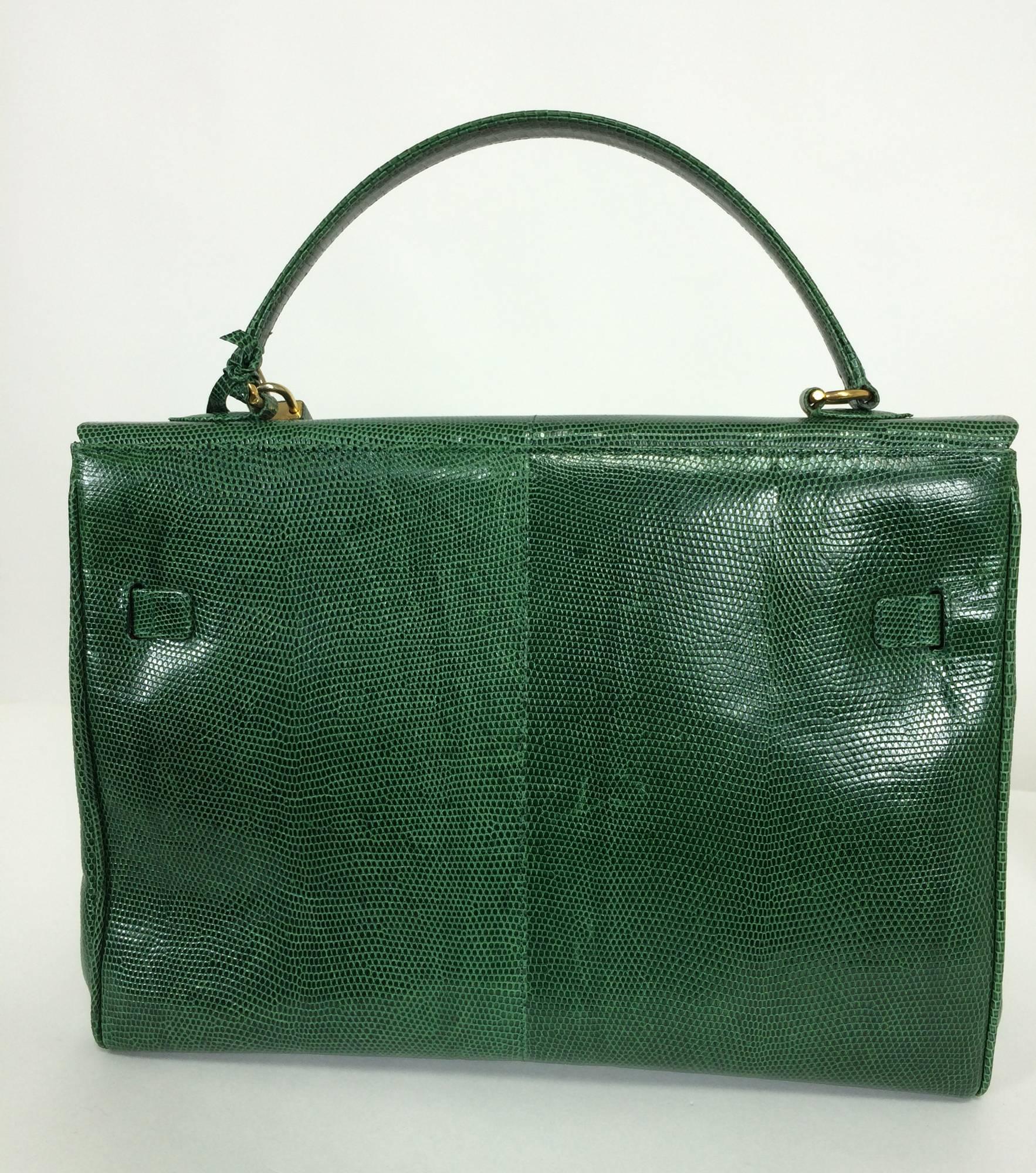Luc Benoit green glazed lizard Kelly style handbag gold hardware 1990s...A gorgeous shade of green between kelly and forest...In the 1980s & 90s Luc Benoit was famous for using exotic skins for his lux bags...Beautifully constructed with beautiful