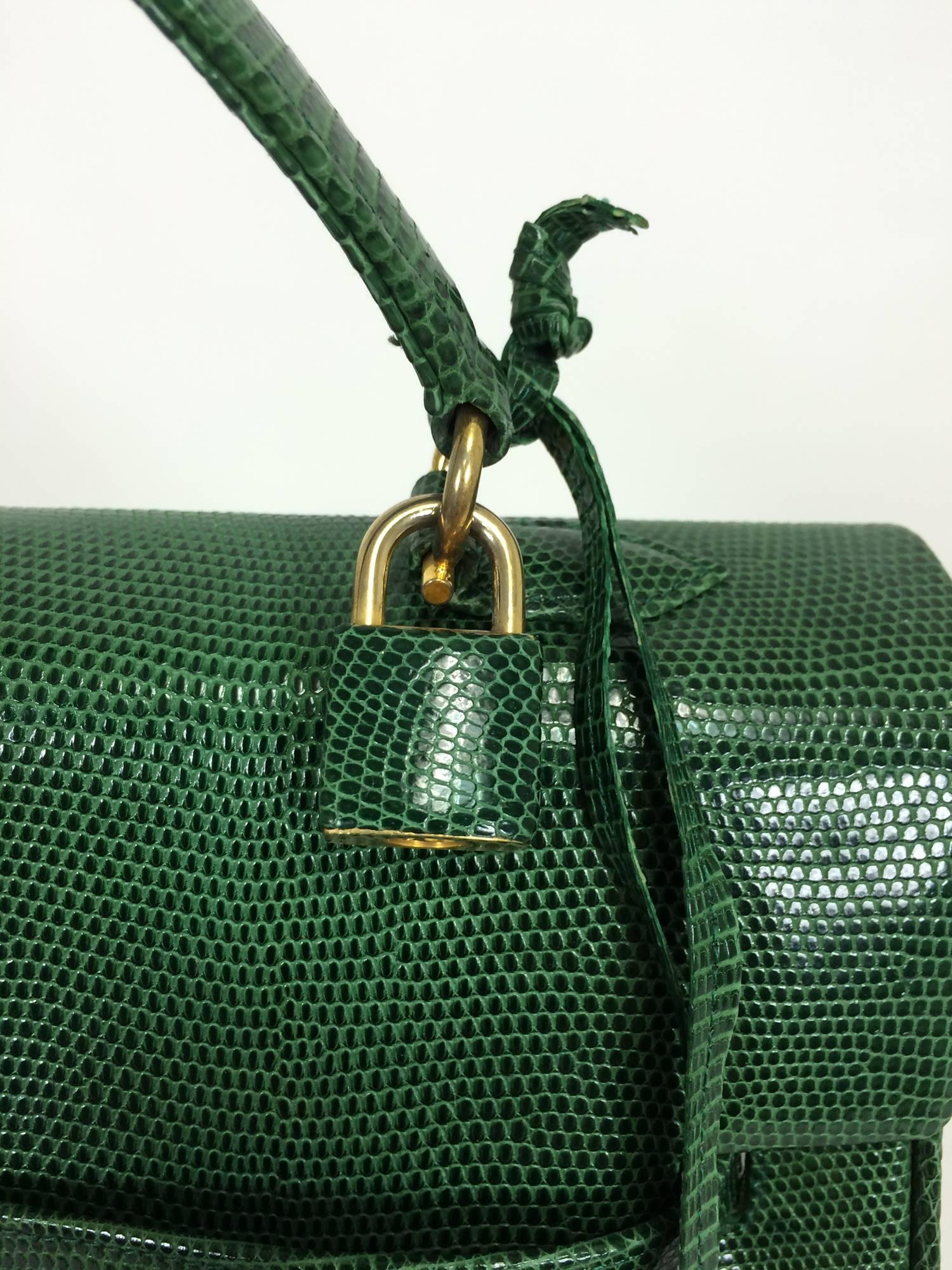 Women's or Men's Luc Benoit green glazed lizard Kelly style handbag gold hardware 1990s