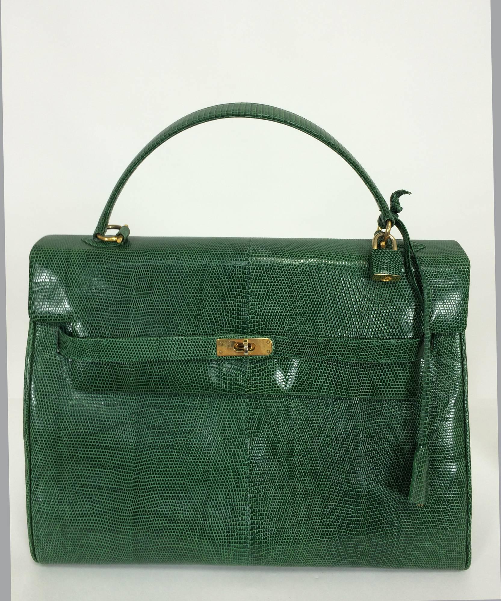 Luc Benoit green glazed lizard Kelly style handbag gold hardware 1990s 4