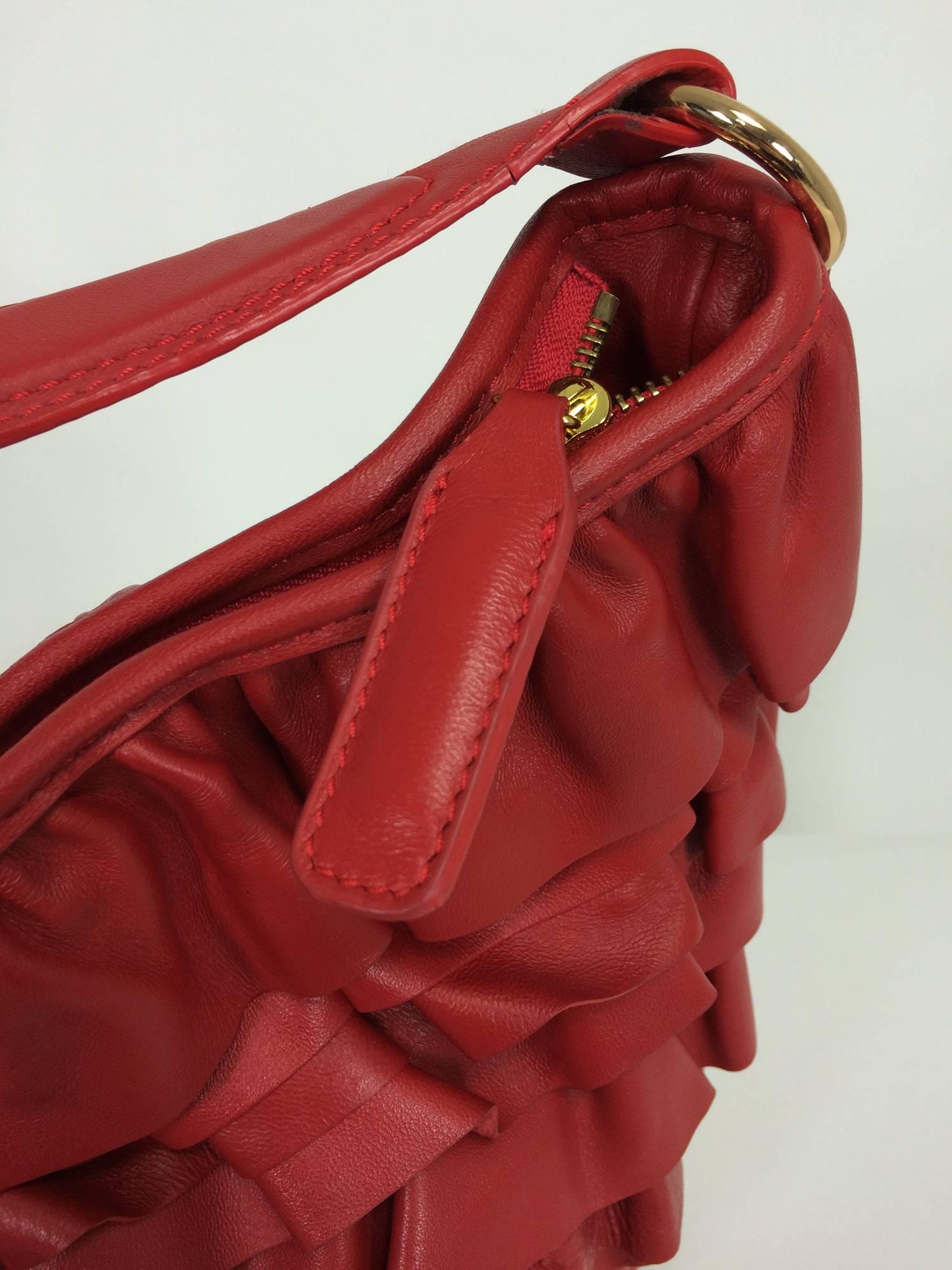 Red Valentino large red leather ruffle shoulder bag