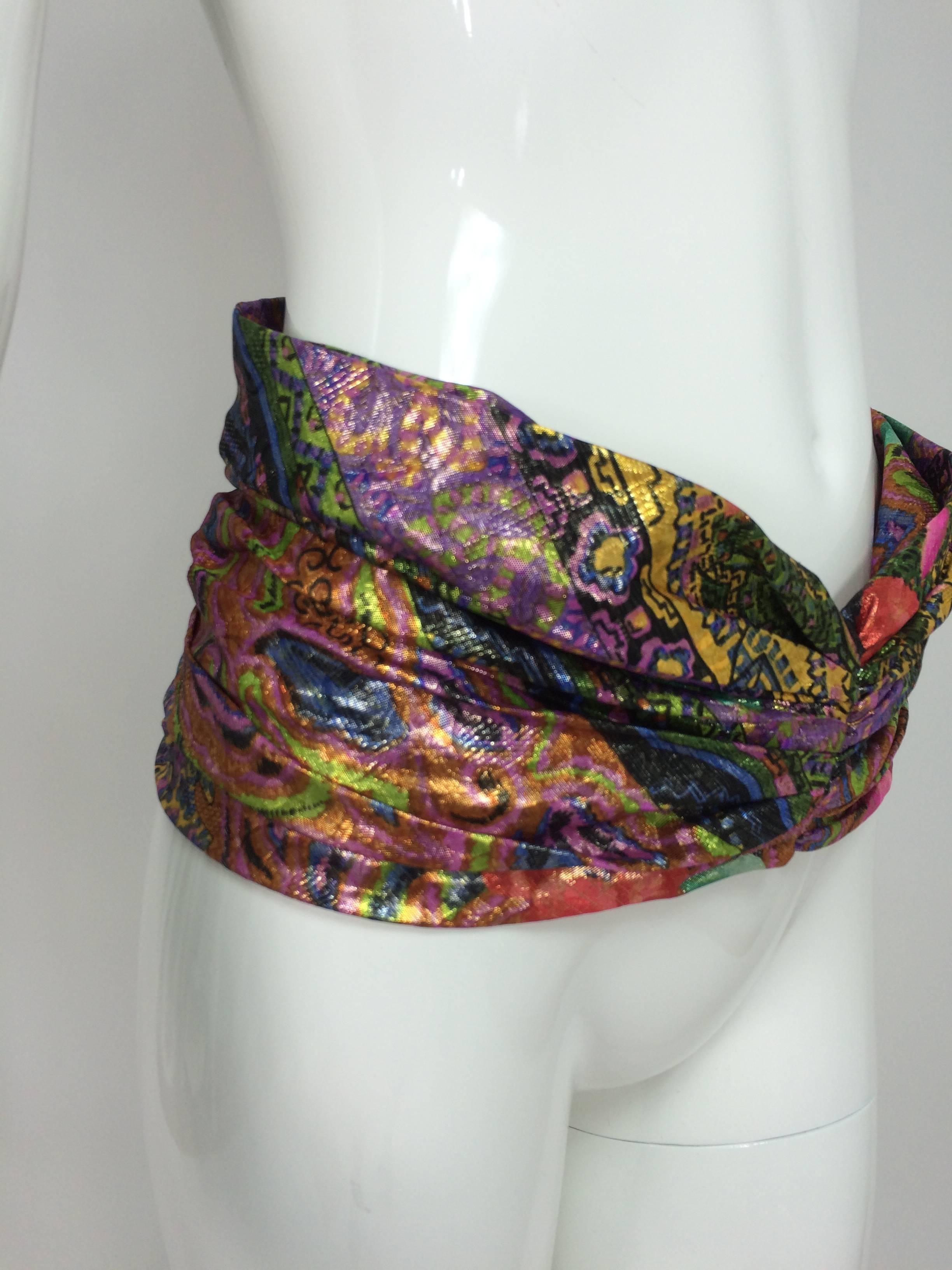 Leonard Paris metallic brocade wide waist wrap belt 1980s...Shimmering bright colours in mixed floral design...If you are creative this would make a great head wrap...Wide pleated silk brocade waist/hip wrap belt...Unlined...Closes at the front with