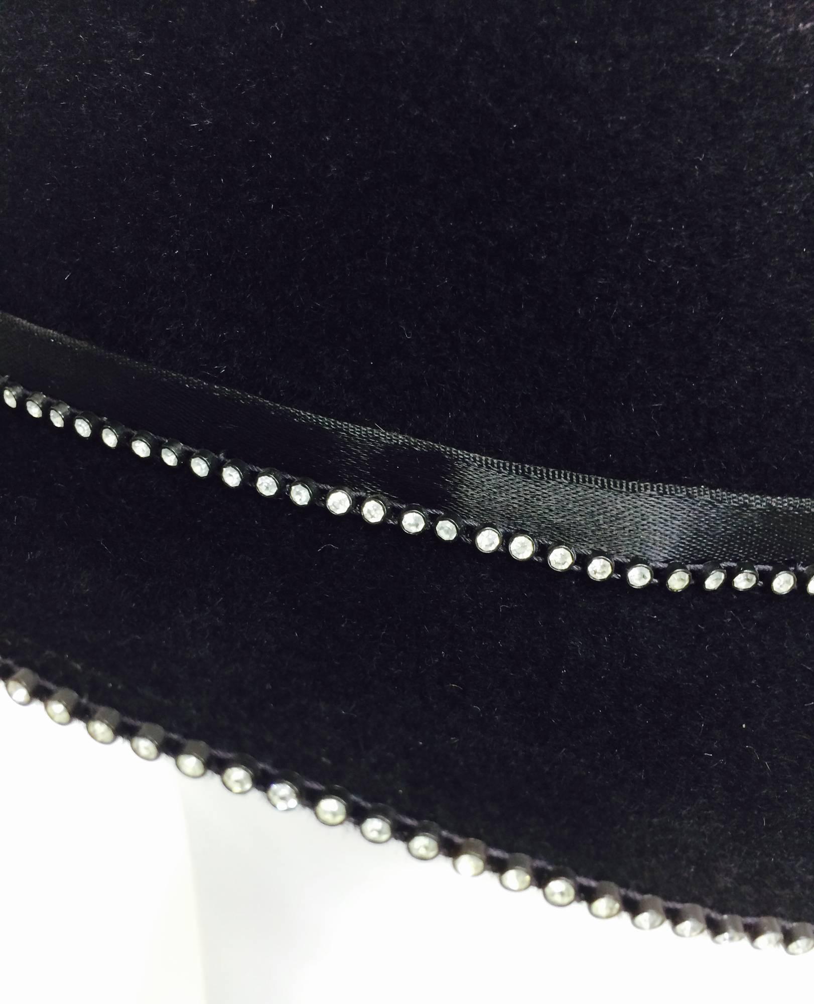 Women's Galanos black fur felt hat with rhinestones 1960s