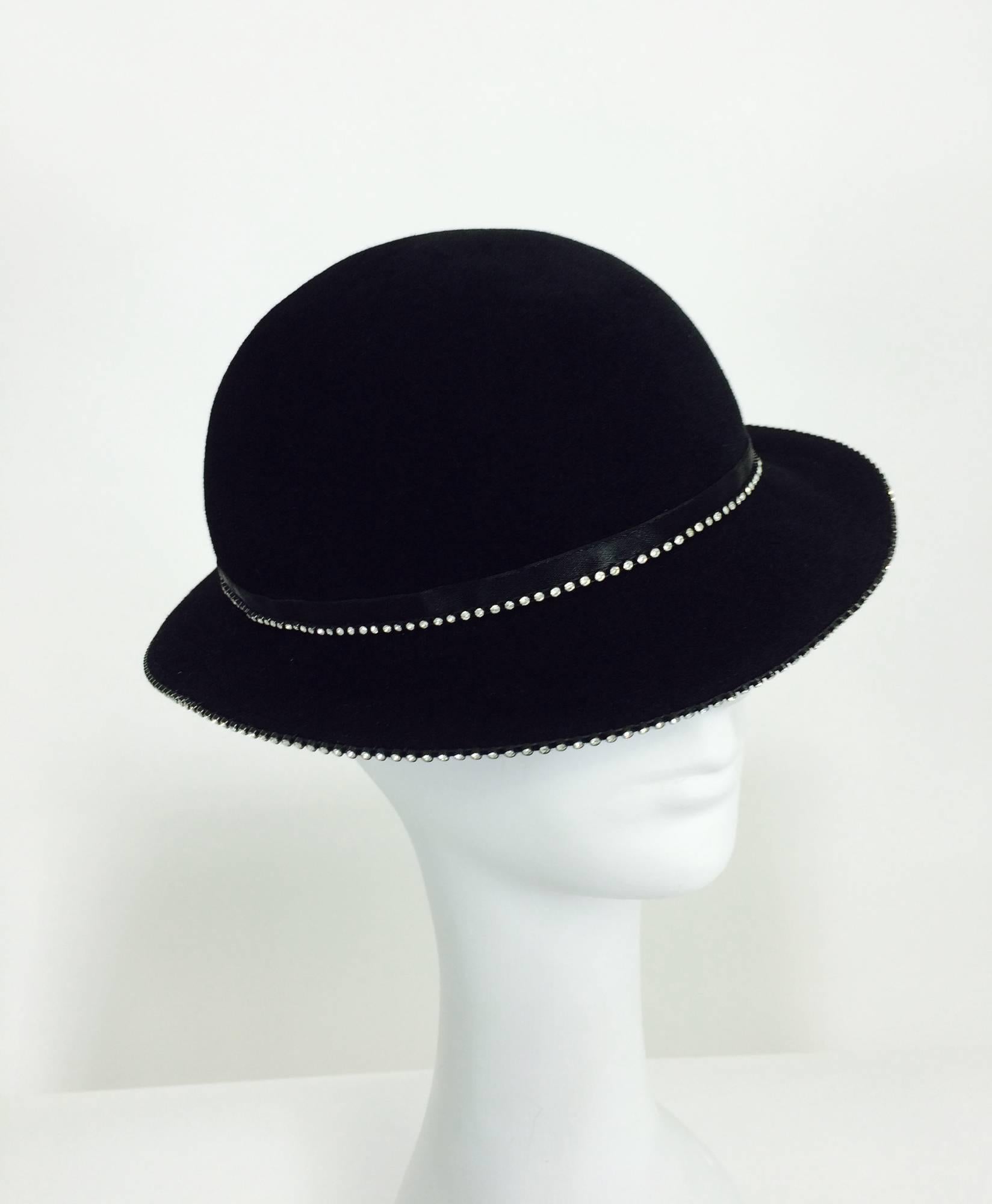 Black Galanos black fur felt hat with rhinestones 1960s
