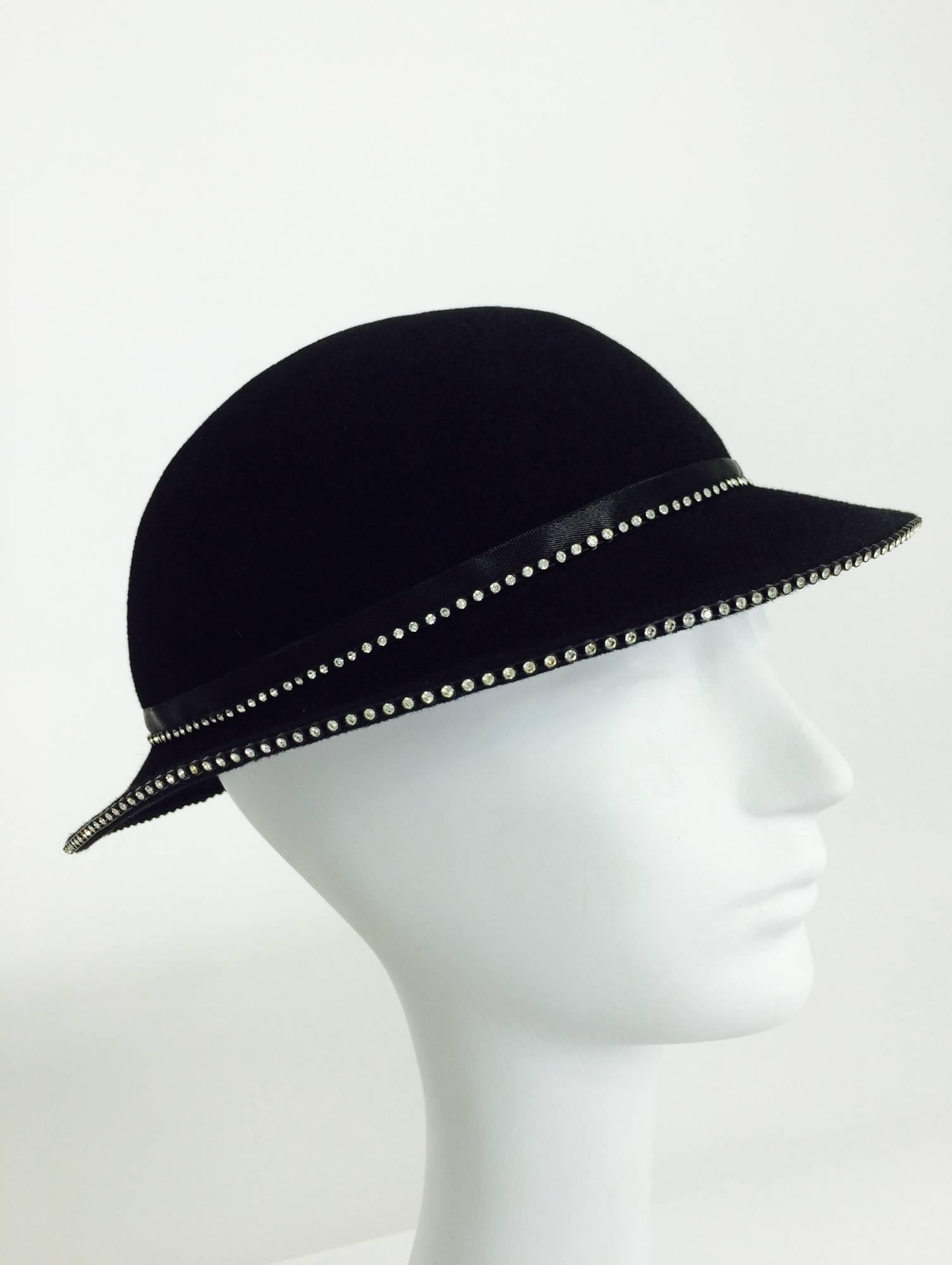 Galanos black fur felt hat with rhinestones 1960s In New Condition In West Palm Beach, FL