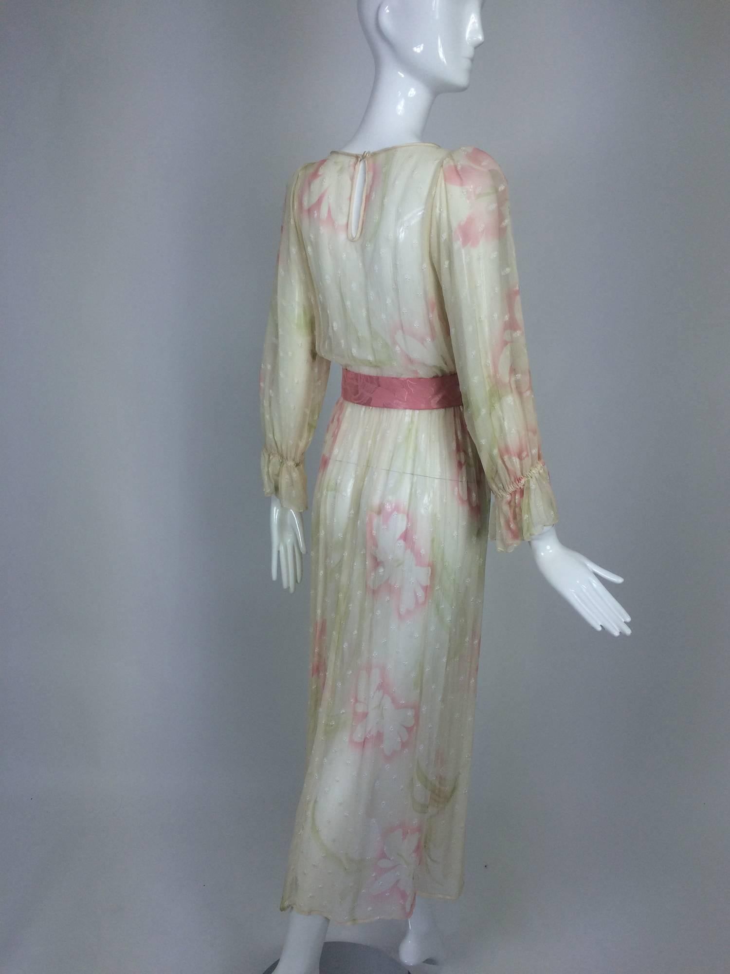Vintage Hollys Harp off white sheer silk chiffon floral print dress 1960s 2
