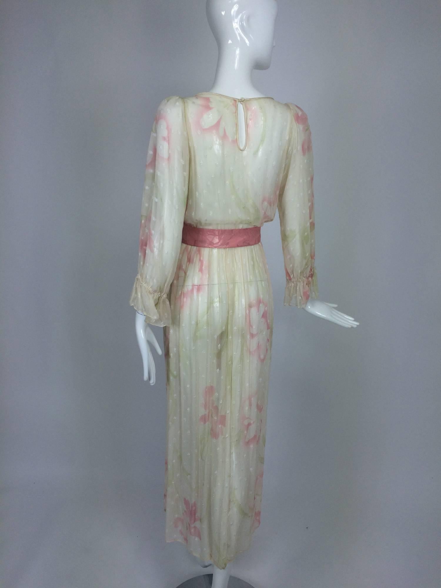 Vintage Hollys Harp off white sheer silk chiffon floral print dress 1960s 1