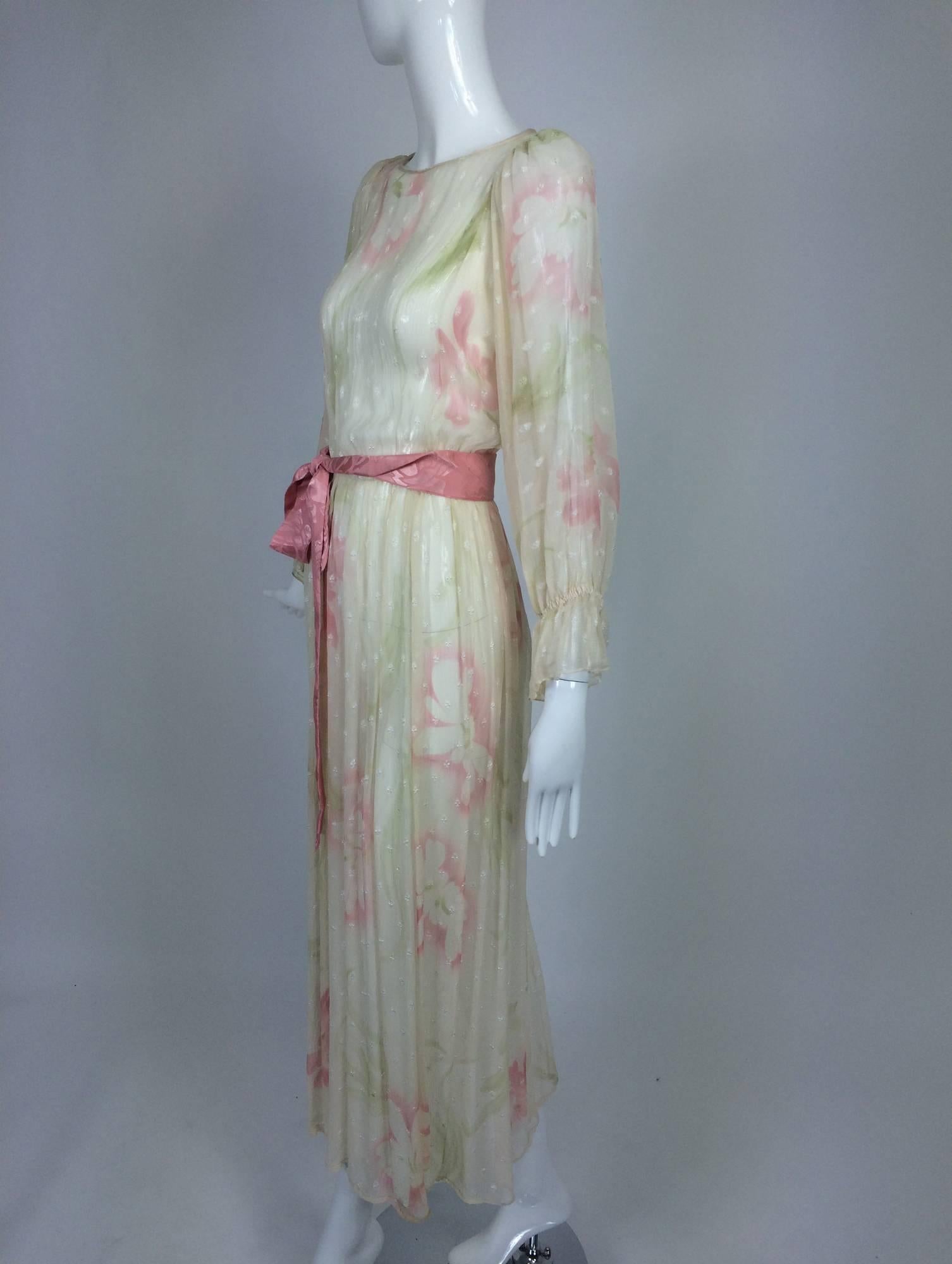 Gray Vintage Hollys Harp off white sheer silk chiffon floral print dress 1960s