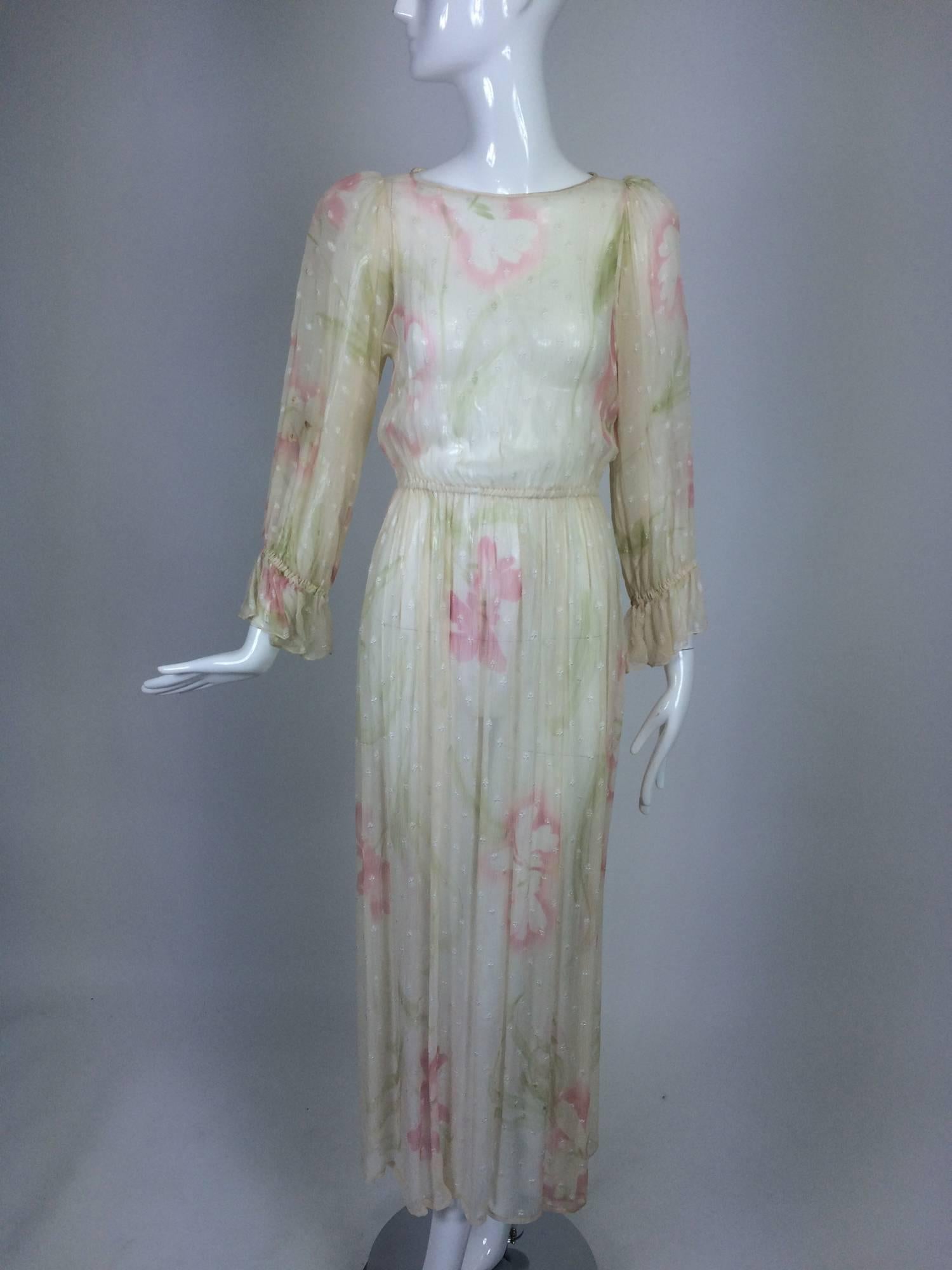 Hollys Harp off white sheer floral silk chiffon dress, with small white embroidered flowers scattered throughout, from the 1960s...Pull on dress has narrow ivory satin trim at the neck, the dress pulls on and has a key hole opening a the neck back