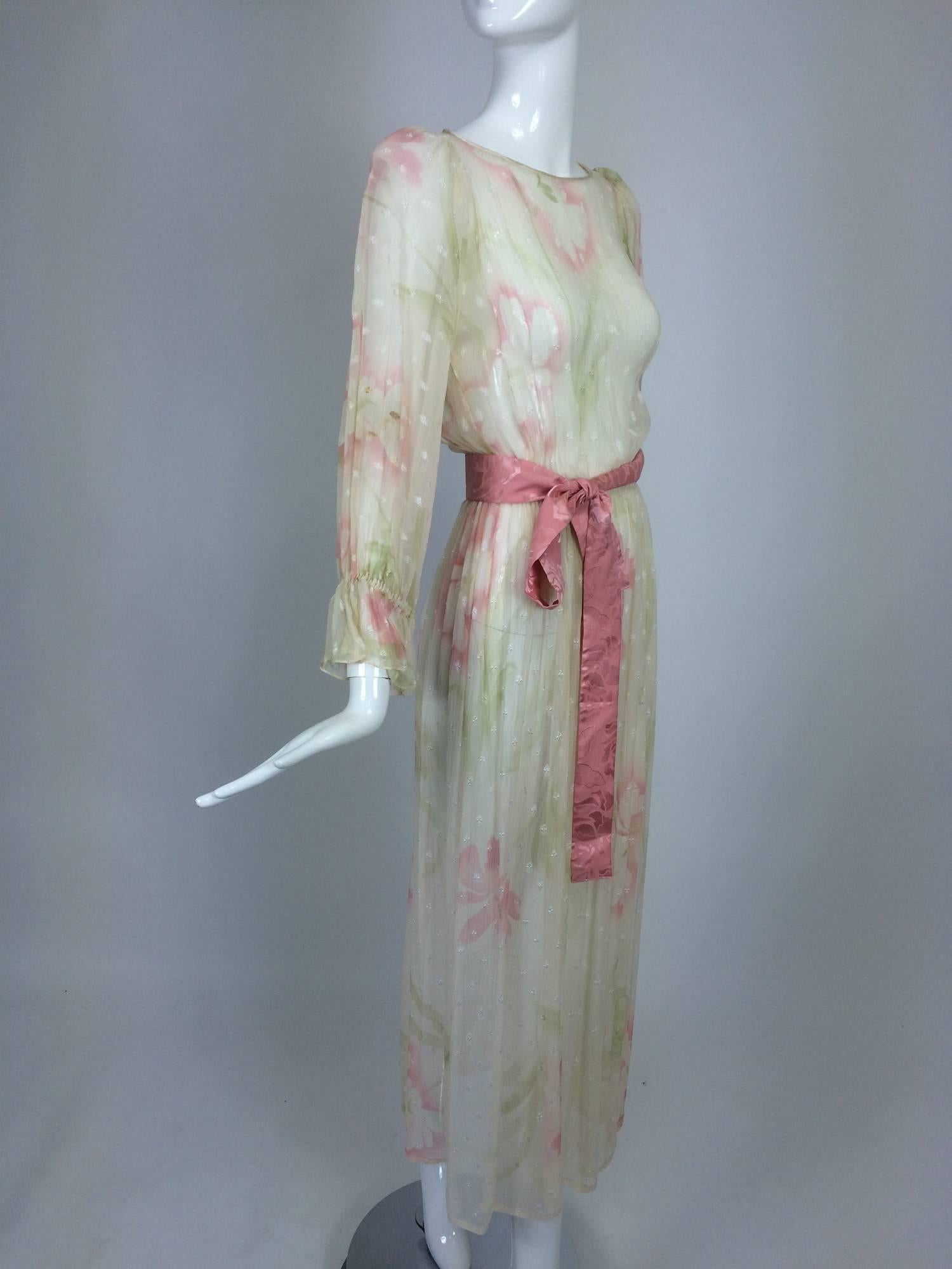 Vintage Hollys Harp off white sheer silk chiffon floral print dress 1960s 4