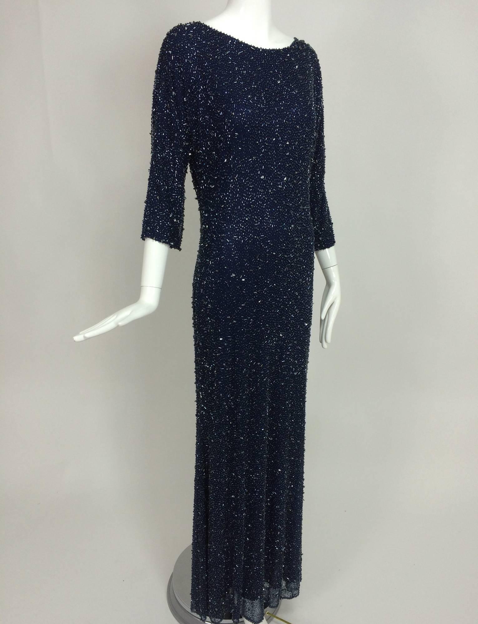 Neem Khan glittery inky blue beaded plunge back evening gown In Excellent Condition In West Palm Beach, FL