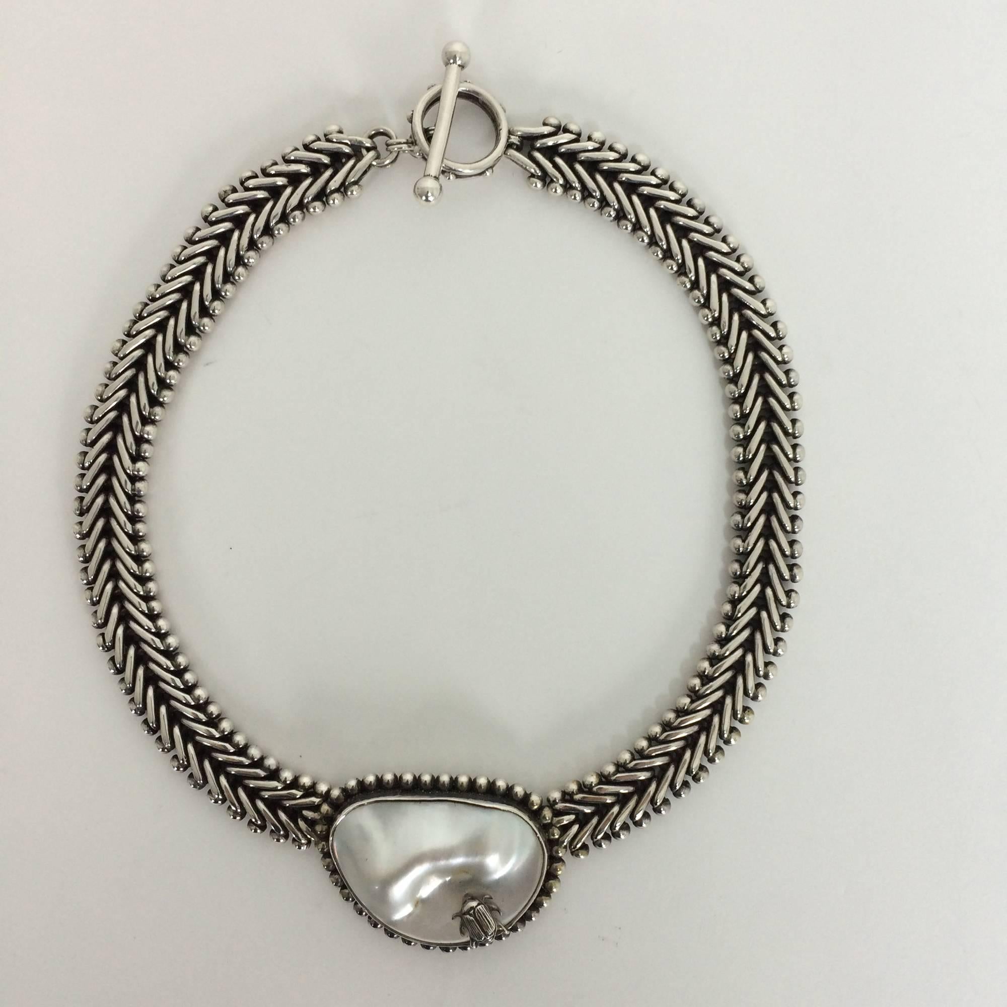 Stephen Dweck sterling silver blister pearl with beetle necklace one of a kind In Excellent Condition In West Palm Beach, FL