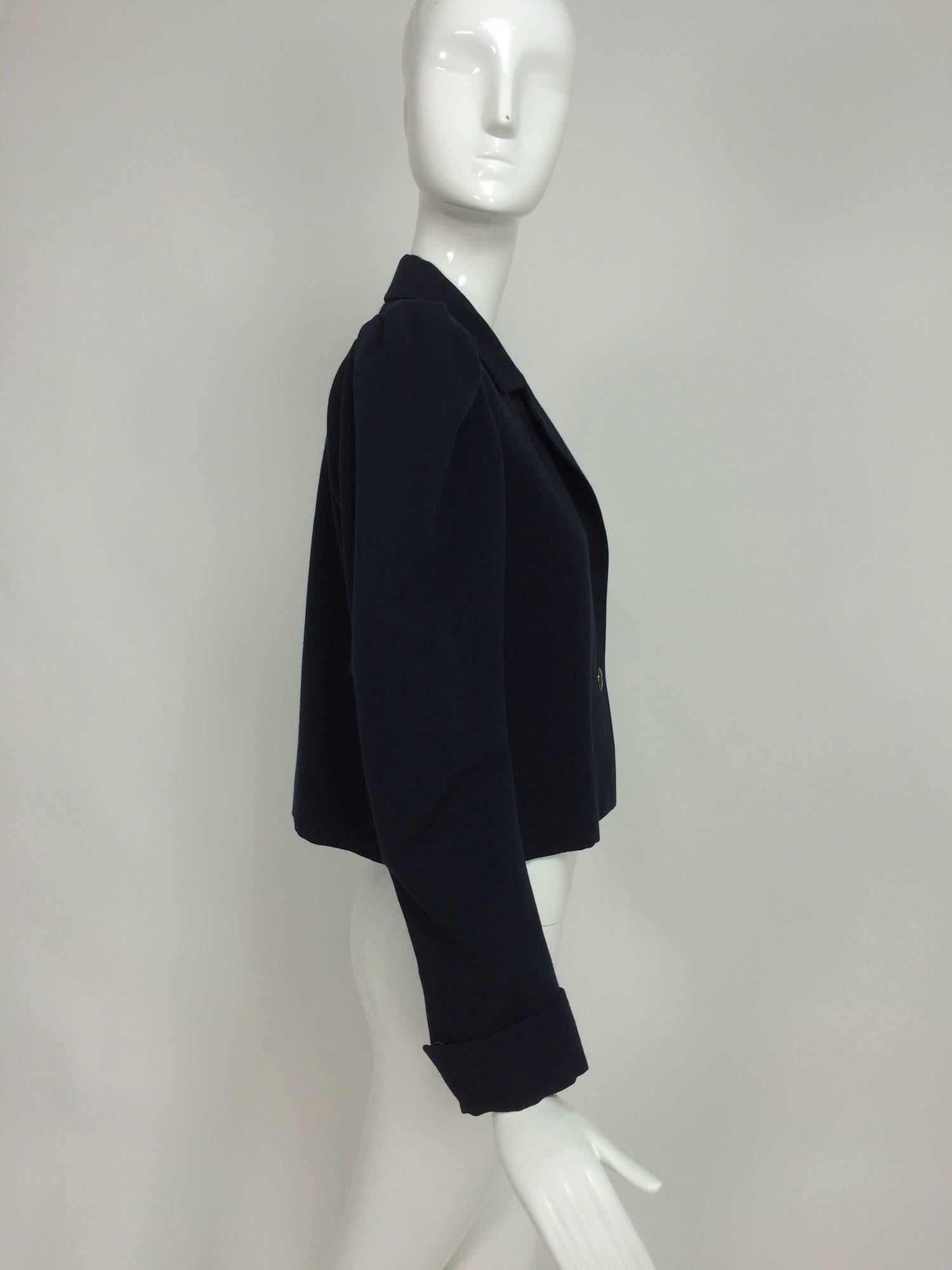 Yves St Laurent navy blue peaked shoulder cropped wool faille jacket 1980s In Excellent Condition In West Palm Beach, FL