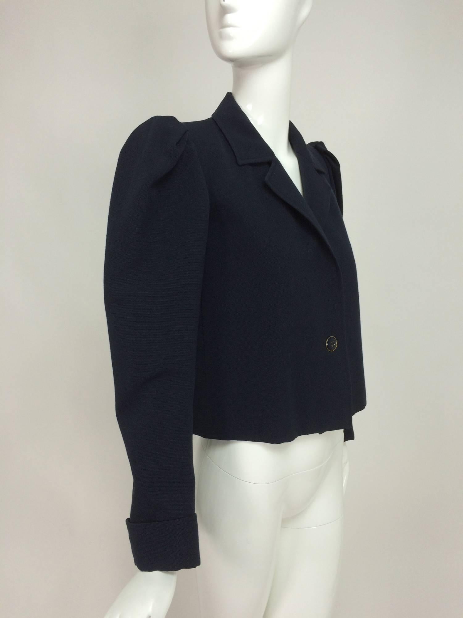 Women's Yves St Laurent navy blue peaked shoulder cropped wool faille jacket 1980s