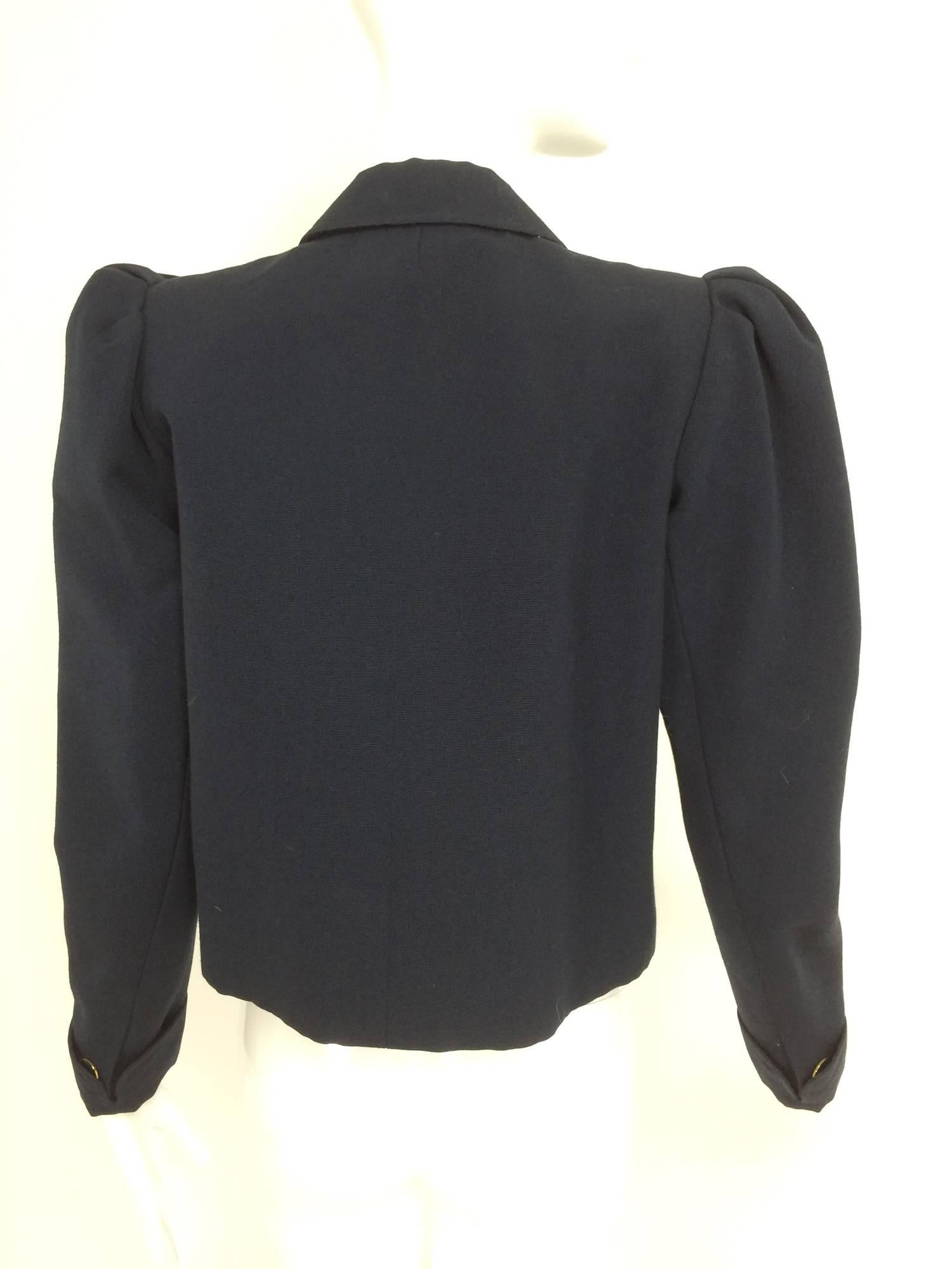 Black Yves St Laurent navy blue peaked shoulder cropped wool faille jacket 1980s
