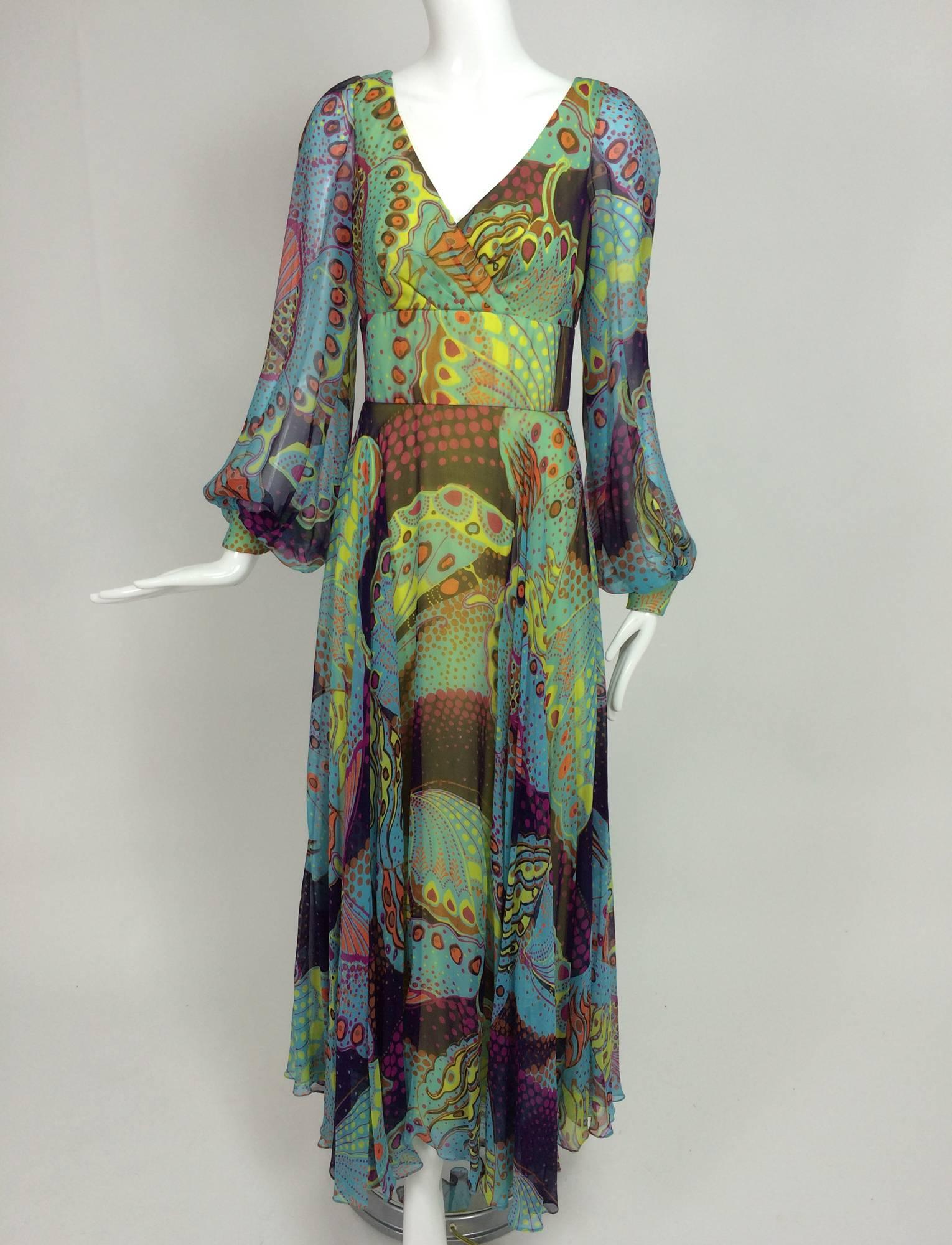 1960s silk chiffon Butterfly print maxi dress 1960s...This dress is made from an amazing silk chiffon print, the colours are vivid...Possibly made especially for the small boutique it was sold at which was called, The Vogue of Boca, Boca Raton,