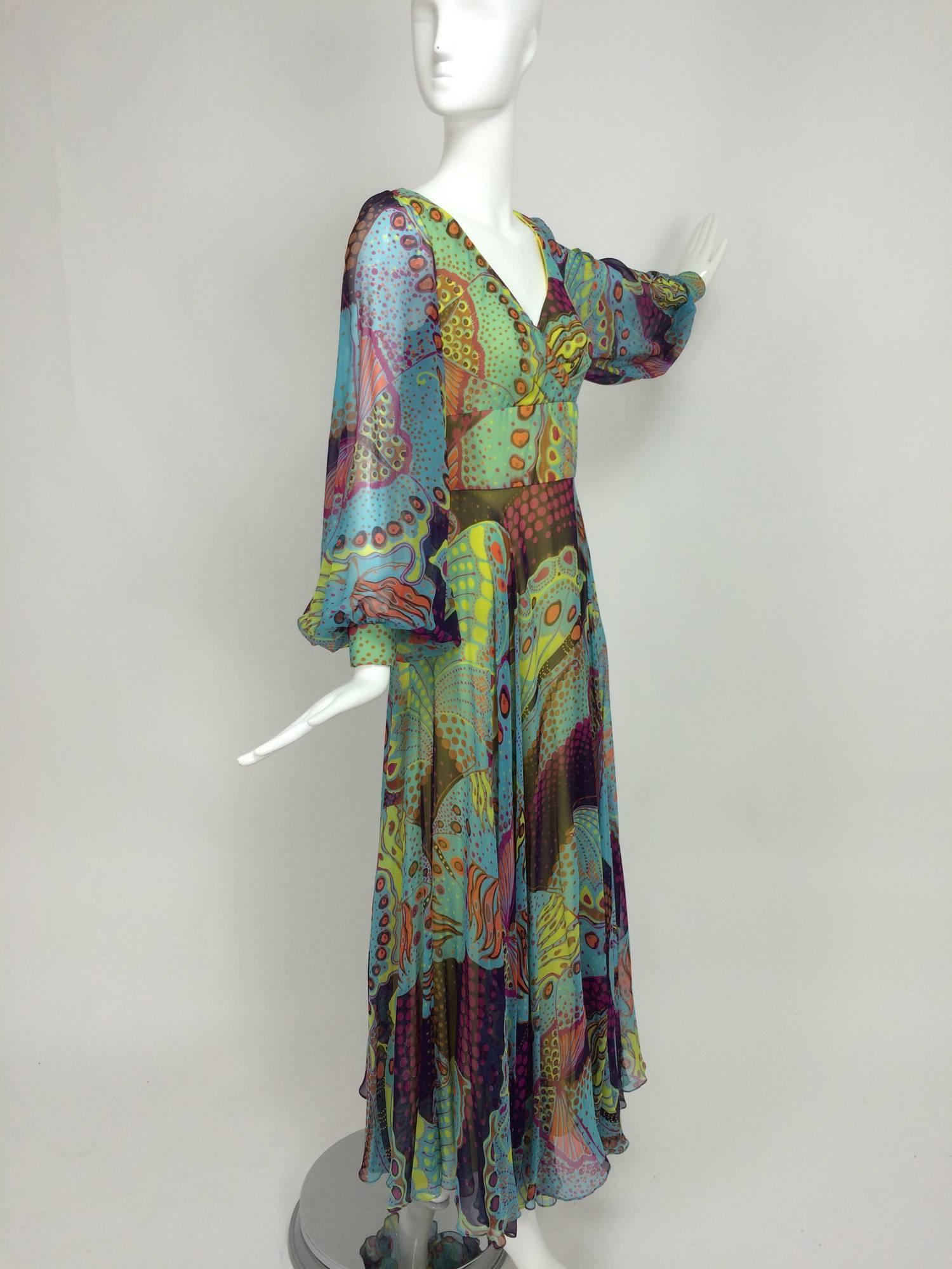 Gray Vintage silk chiffon Butterfly print maxi dress 1960s