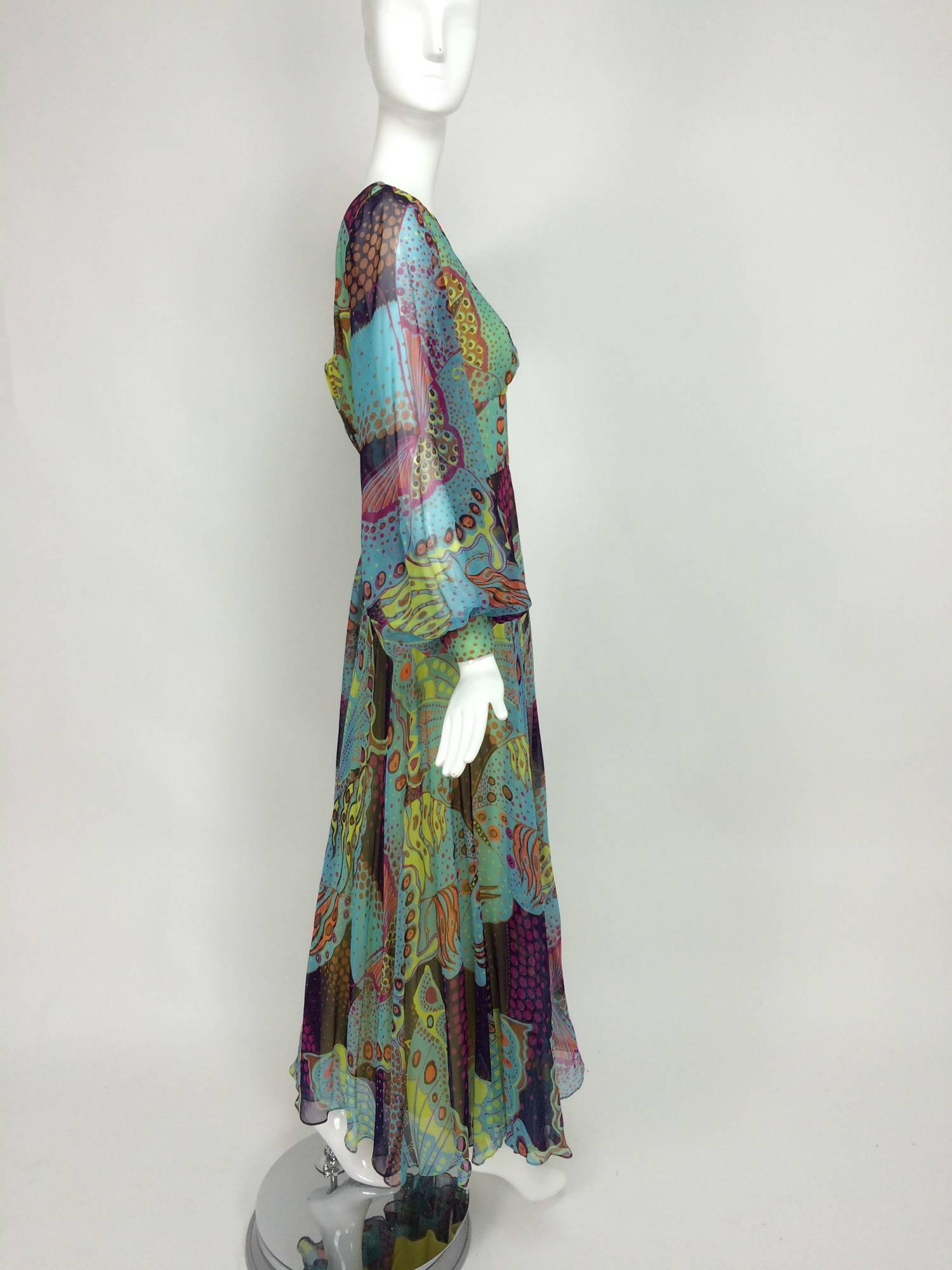 Vintage silk chiffon Butterfly print maxi dress 1960s In Excellent Condition In West Palm Beach, FL