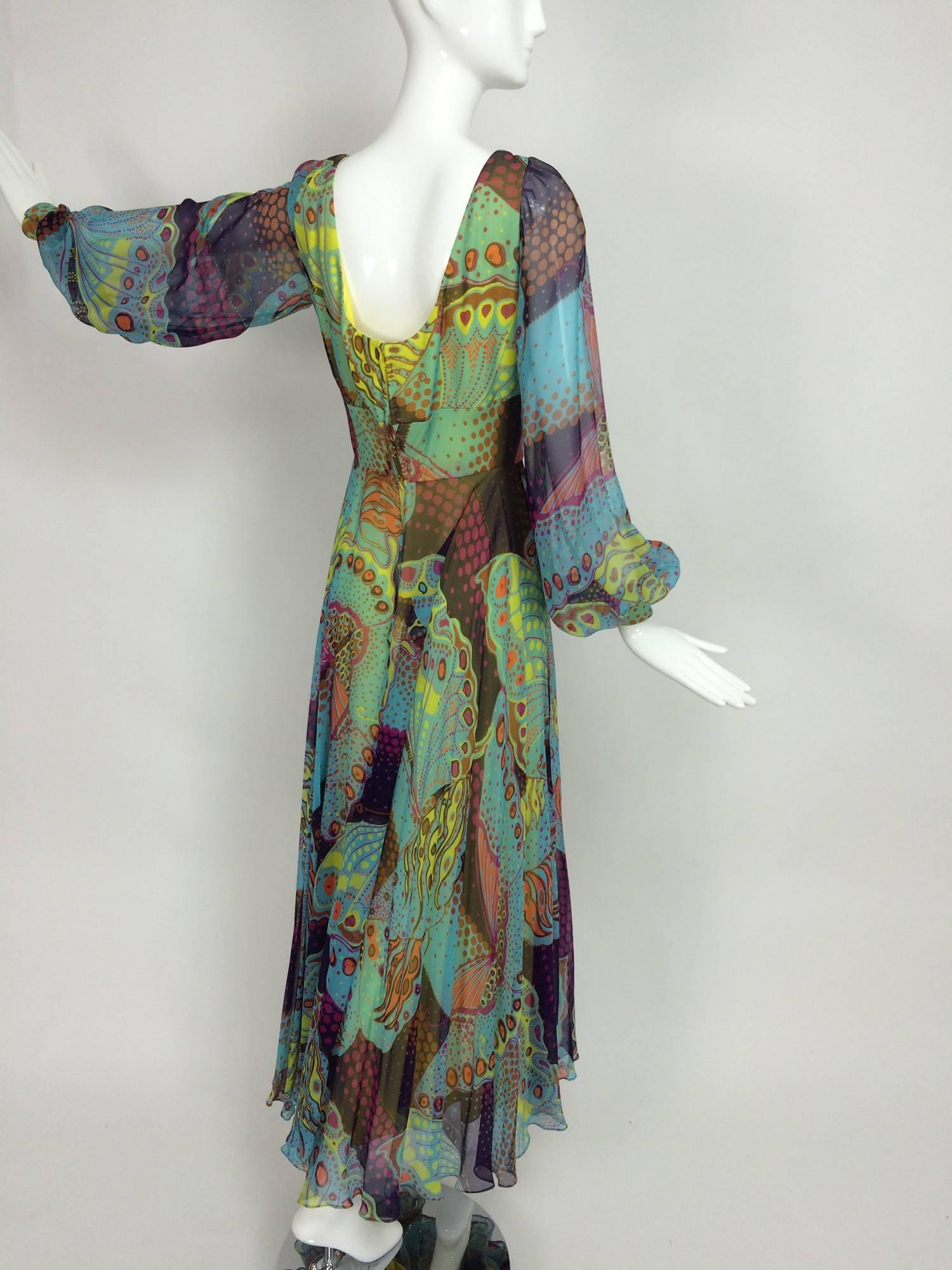 Women's Vintage silk chiffon Butterfly print maxi dress 1960s