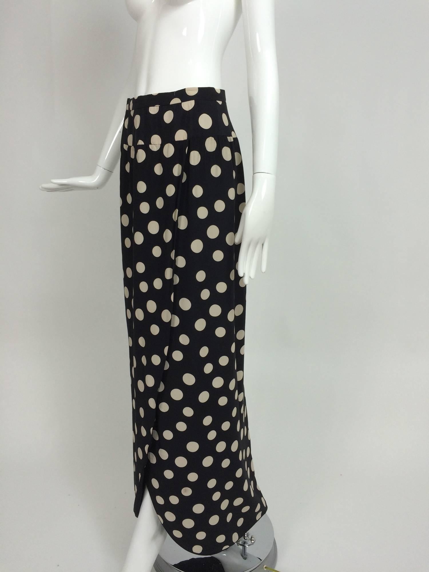 Valentino black & white dot silk petal hem wrap maxi skirt 1970s...Great style with a deep hip yoke, the skirt wraps at the side front below the yoke...The skirt is sexy with a petal hem...Fully lined...Closes with a zipper and bar hook at the waist