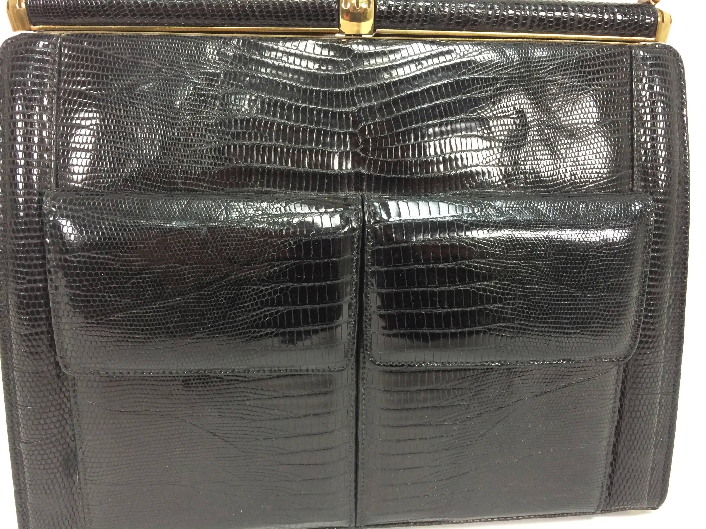 Black Lucille de Paris glazed black lizard frame handbag 1960s