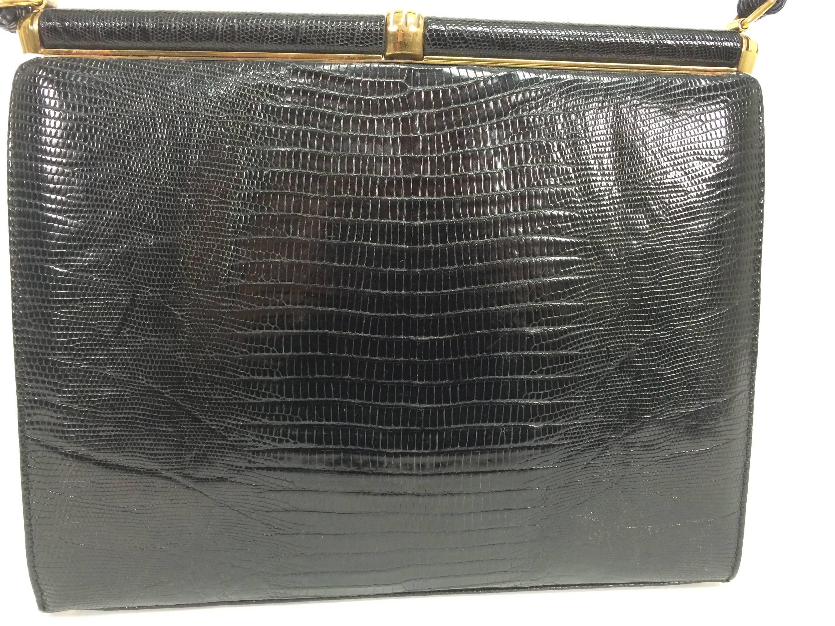 Lucille de Paris glazed black lizard frame handbag 1960s In Excellent Condition In West Palm Beach, FL