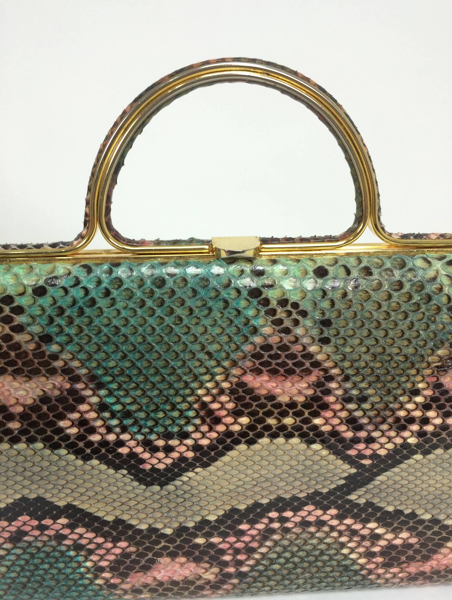 Gray Judith Leiber pink & green snakeskin frame handbag
