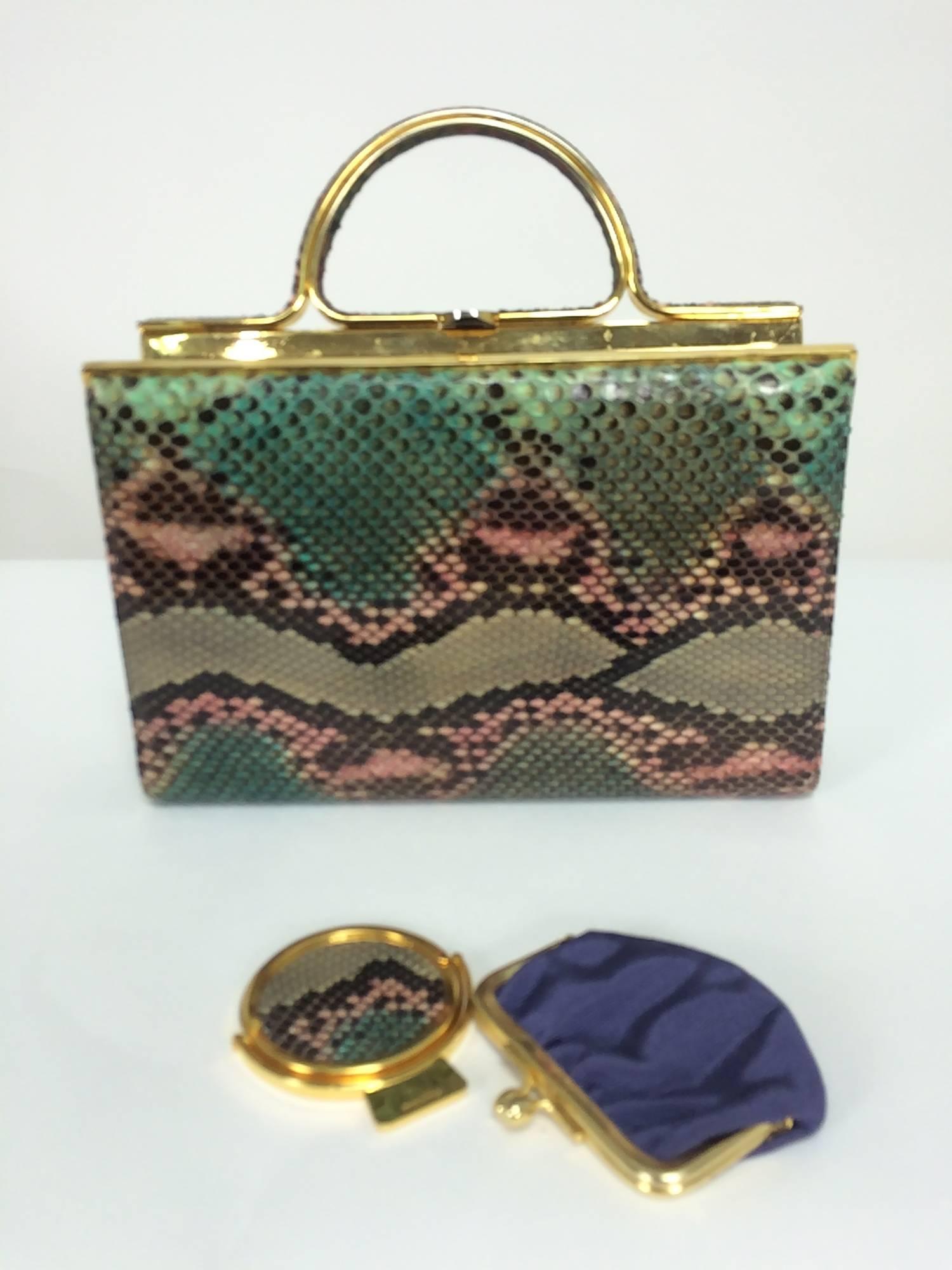 Judith Leiber pink & green snakeskin frame handbag 4