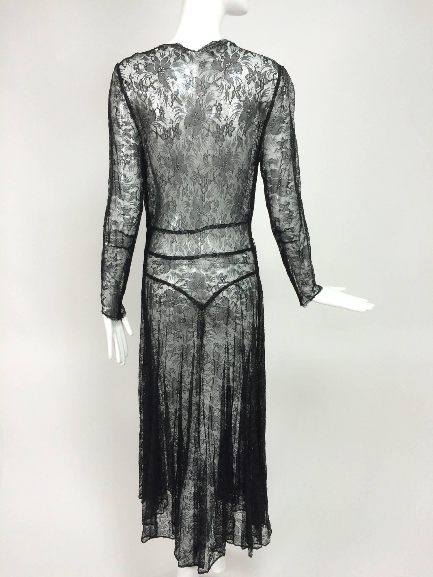 Black 1940s sheer black lace bias cut dress with plunge neckline