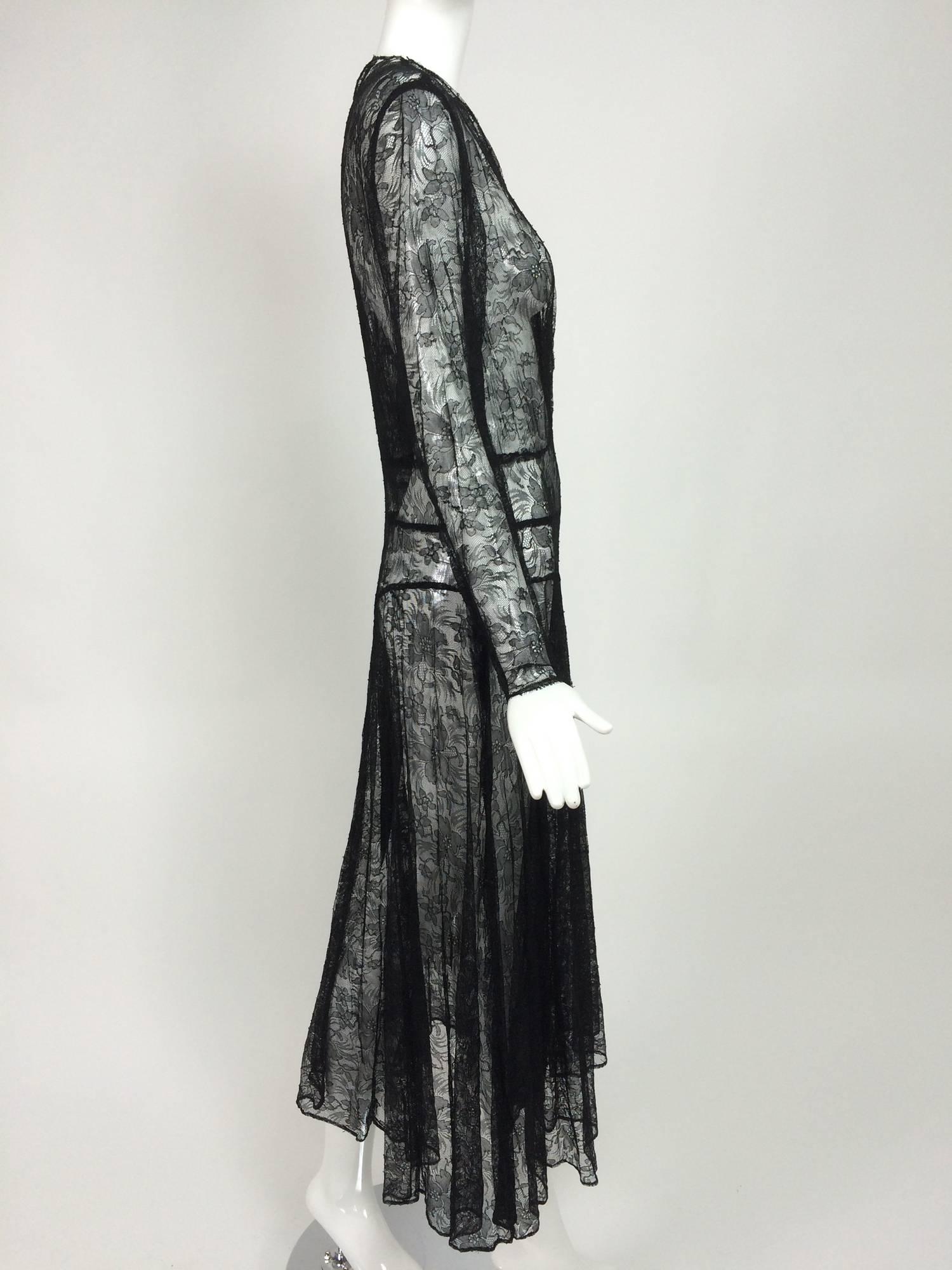 Women's 1940s sheer black lace bias cut dress with plunge neckline