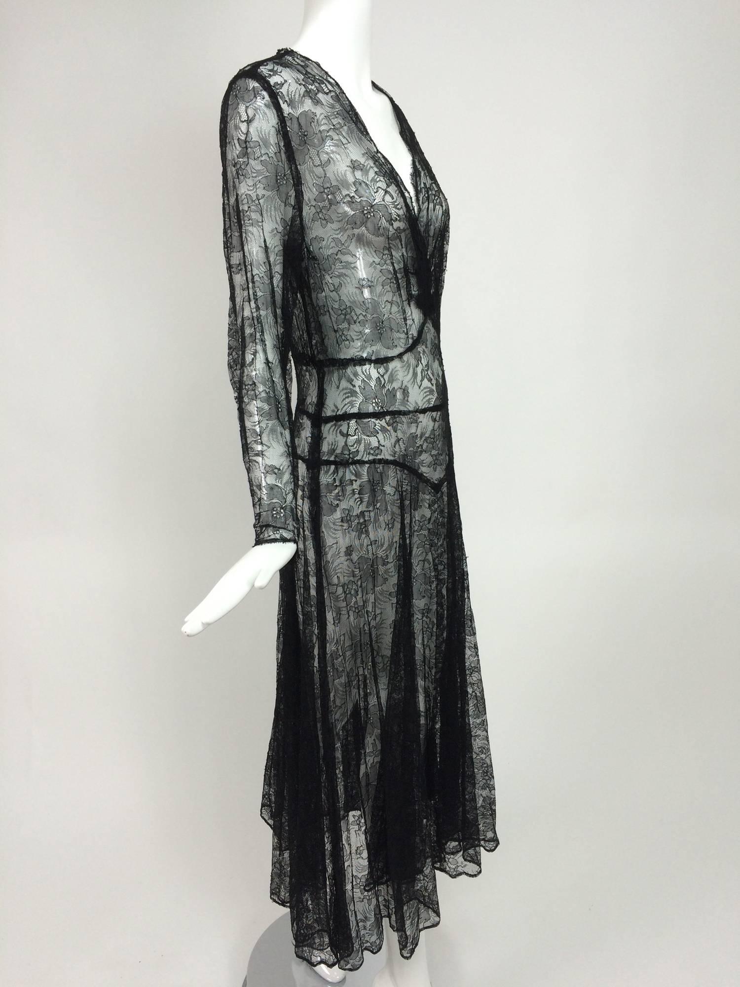 1940s sheer black lace bias cut dress with plunge neckline 1