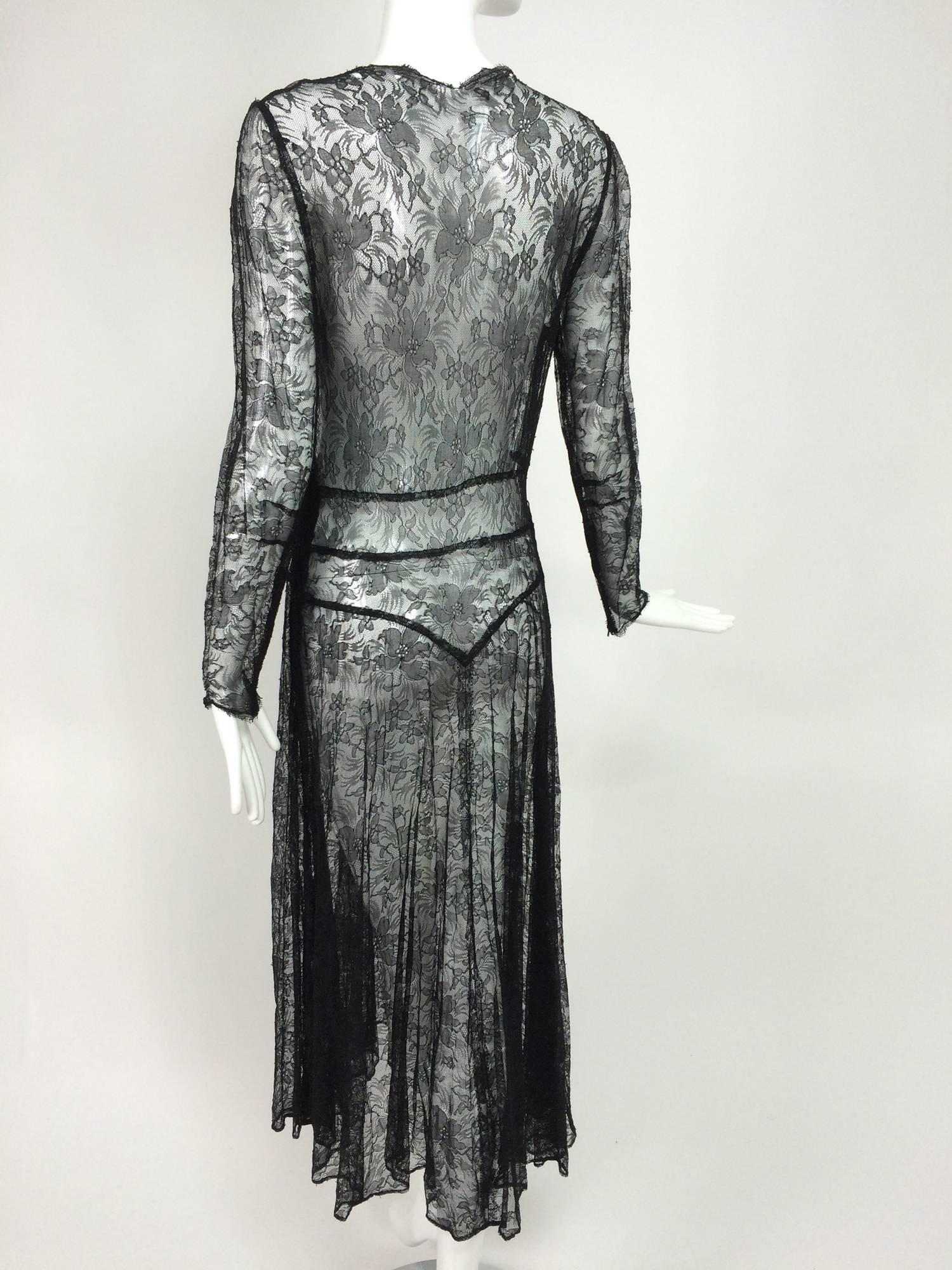 1940s sheer black lace bias cut dress with plunge neckline 2